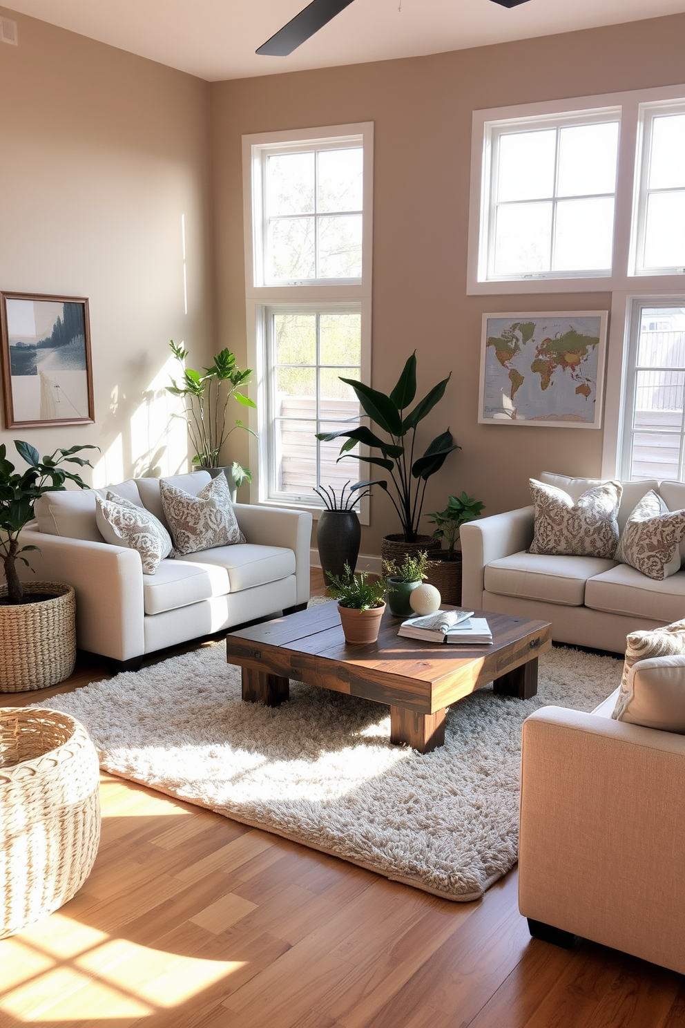 A cozy living room filled with natural light. There are comfortable sofas adorned with soft throw pillows and a large woven basket in the corner for storage. A stylish coffee table made of reclaimed wood sits in the center, surrounded by a plush area rug. The walls are painted in warm neutral tones, and a few indoor plants add a touch of greenery to the space.