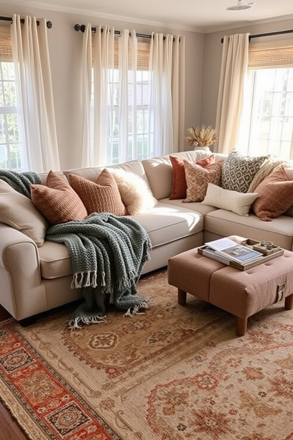 A cozy living room featuring layered textiles that create a warm and inviting atmosphere. Plush throw blankets are draped over a soft sectional sofa adorned with an array of decorative pillows in various textures and patterns. A large area rug anchors the space, adding comfort underfoot while complementing the color palette. Natural light filters through sheer curtains, enhancing the overall warmth of the room and highlighting the carefully curated decor.