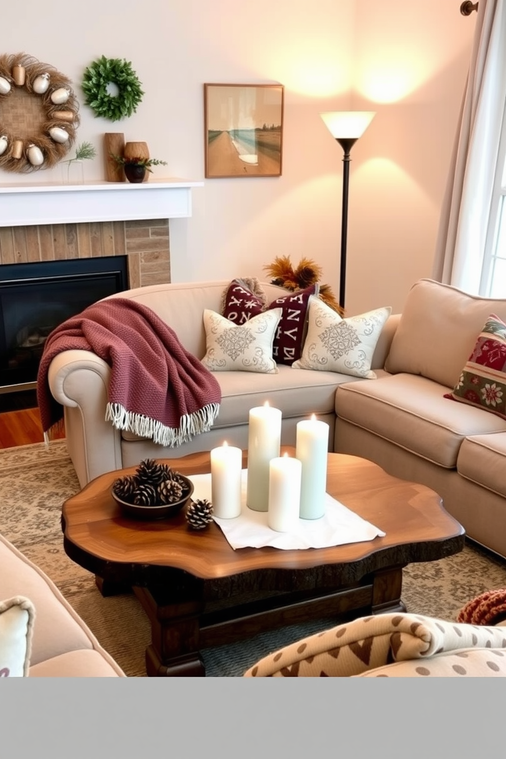 A cozy living room adorned with seasonal decor accents. The space features a plush, oversized sofa draped with a soft throw blanket and accented with seasonal pillows. A rustic coffee table sits in the center, decorated with a bowl of pinecones and a few candles. Warm, ambient lighting emanates from a stylish floor lamp, creating an inviting atmosphere perfect for gatherings.