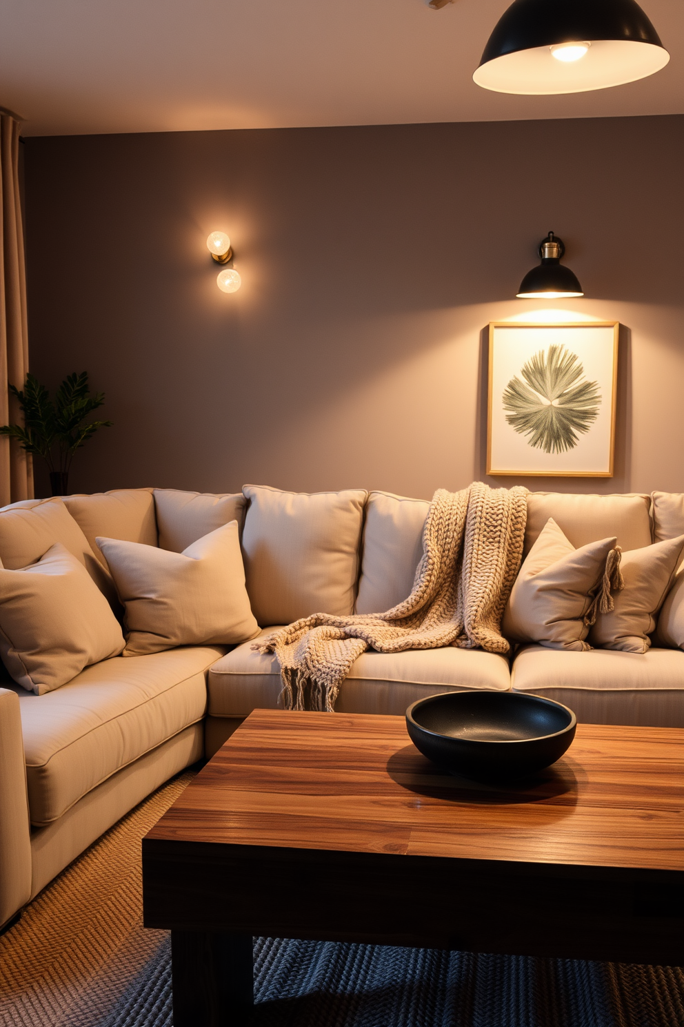 A cozy living room features a plush sectional sofa adorned with soft throw pillows and a warm knitted blanket. The space is illuminated by warm-toned lighting fixtures that create an inviting atmosphere, complementing the rich wooden coffee table and the textured area rug beneath.