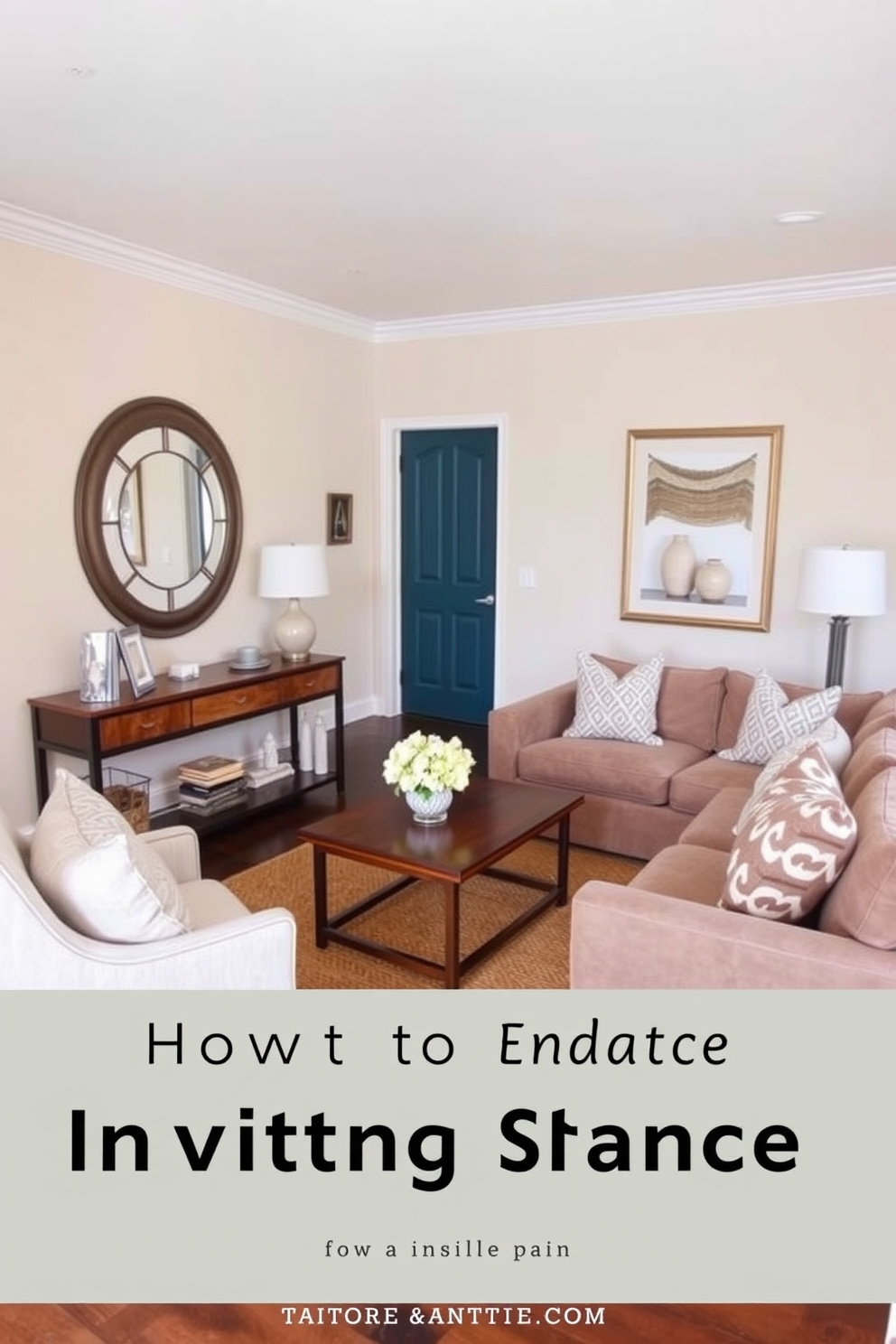 A cozy living room with a muted color scheme that promotes serenity. The walls are painted in a soft beige, complemented by a plush cream sofa adorned with pastel-colored throw pillows. A rustic wooden coffee table sits at the center, surrounded by a pair of comfortable armchairs upholstered in light gray fabric. A large area rug with subtle patterns anchors the space, while a few indoor plants add a touch of greenery.