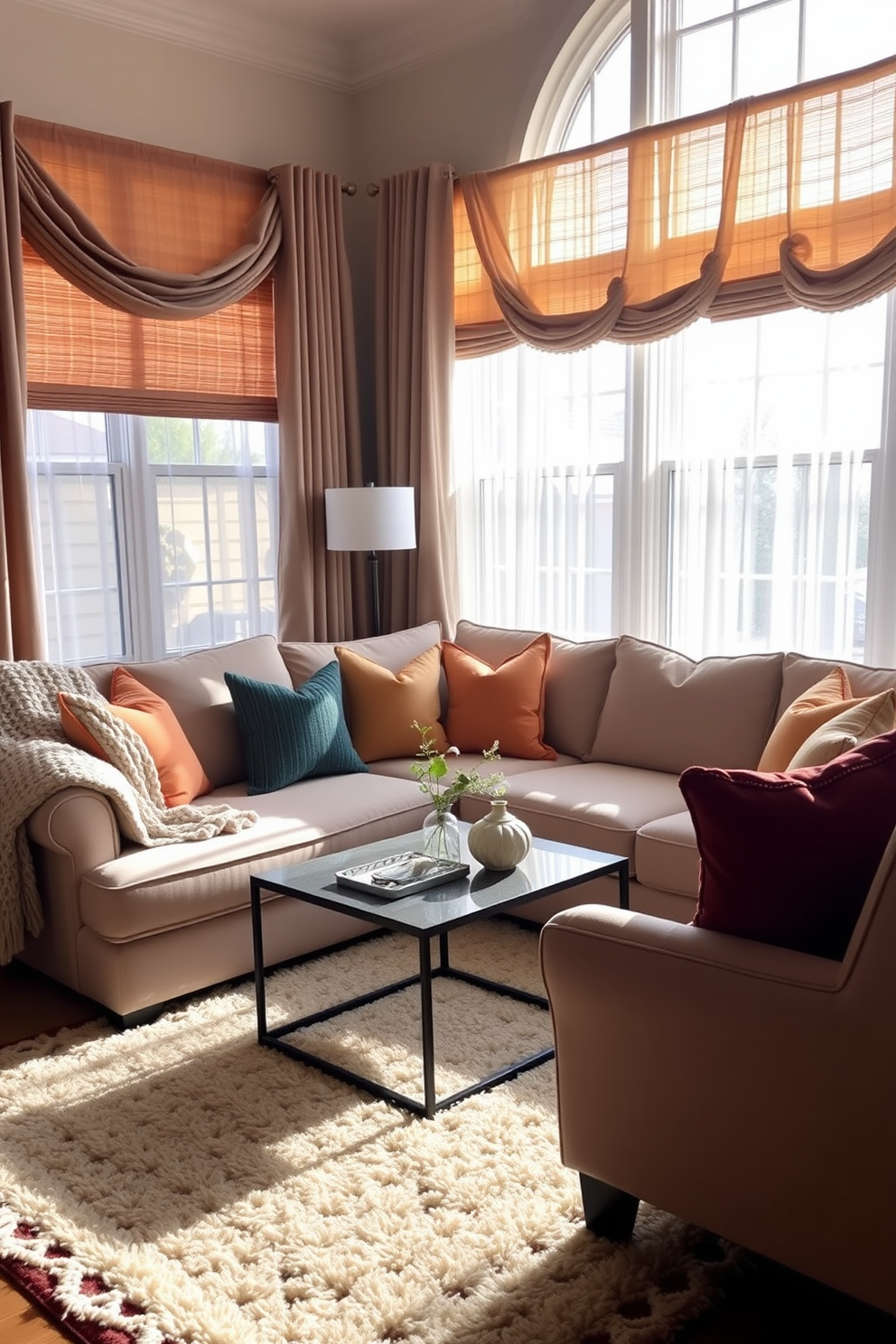 A cozy living room setting with a plush sectional sofa adorned with an array of decorative pillows in various textures and colors. A soft area rug anchors the space, while a wooden coffee table sits at the center, adorned with a stack of books and a scented candle. Floor-to-ceiling windows allow natural light to flood the room, complemented by sheer curtains that gently sway in the breeze. A warm color palette of earthy tones creates an inviting atmosphere, perfect for relaxation and gatherings.