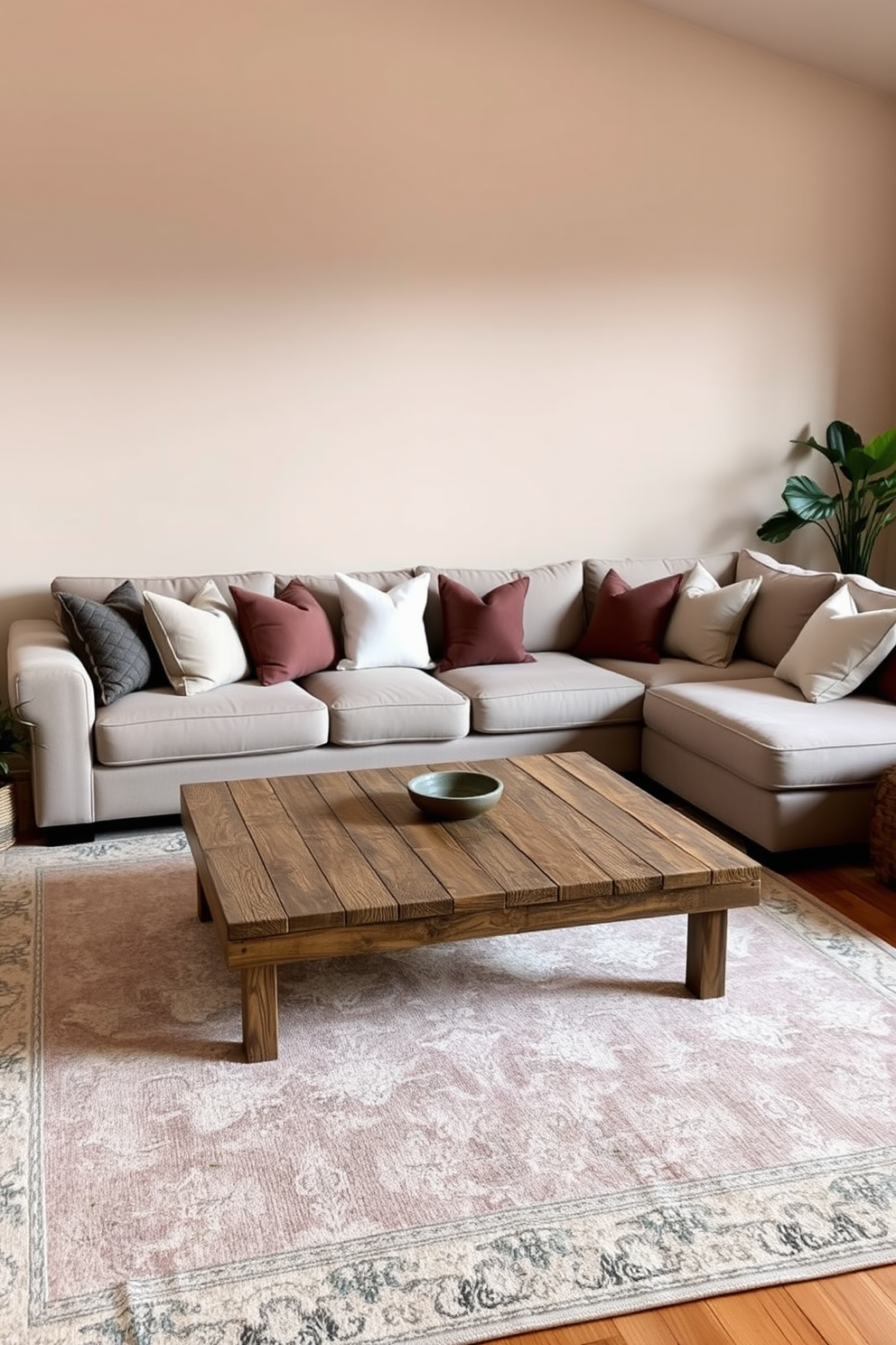 A cozy living room setting featuring a plush sectional sofa adorned with soft throw pillows. In the center, a textured coffee table made of reclaimed wood adds warmth and character to the space. The walls are painted in a soft beige tone, creating an inviting atmosphere. A large area rug with a subtle pattern anchors the seating area, while a few potted plants bring life to the corners of the room.