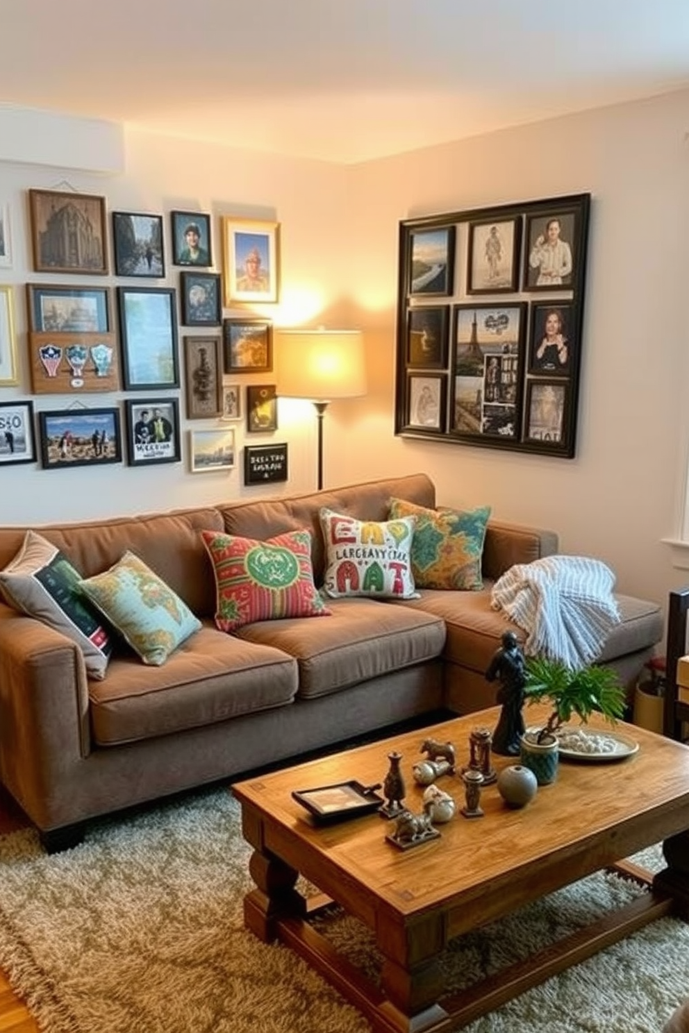 A cozy living room filled with personal travel souvenirs that tell a story. A plush sofa is adorned with colorful throw pillows collected from various destinations, and a wooden coffee table showcases unique artifacts from around the world. A soft area rug anchors the space, while a gallery wall displays framed photographs and mementos from trips. Warm lighting from a stylish floor lamp creates an inviting atmosphere, perfect for relaxing and reminiscing about adventures.