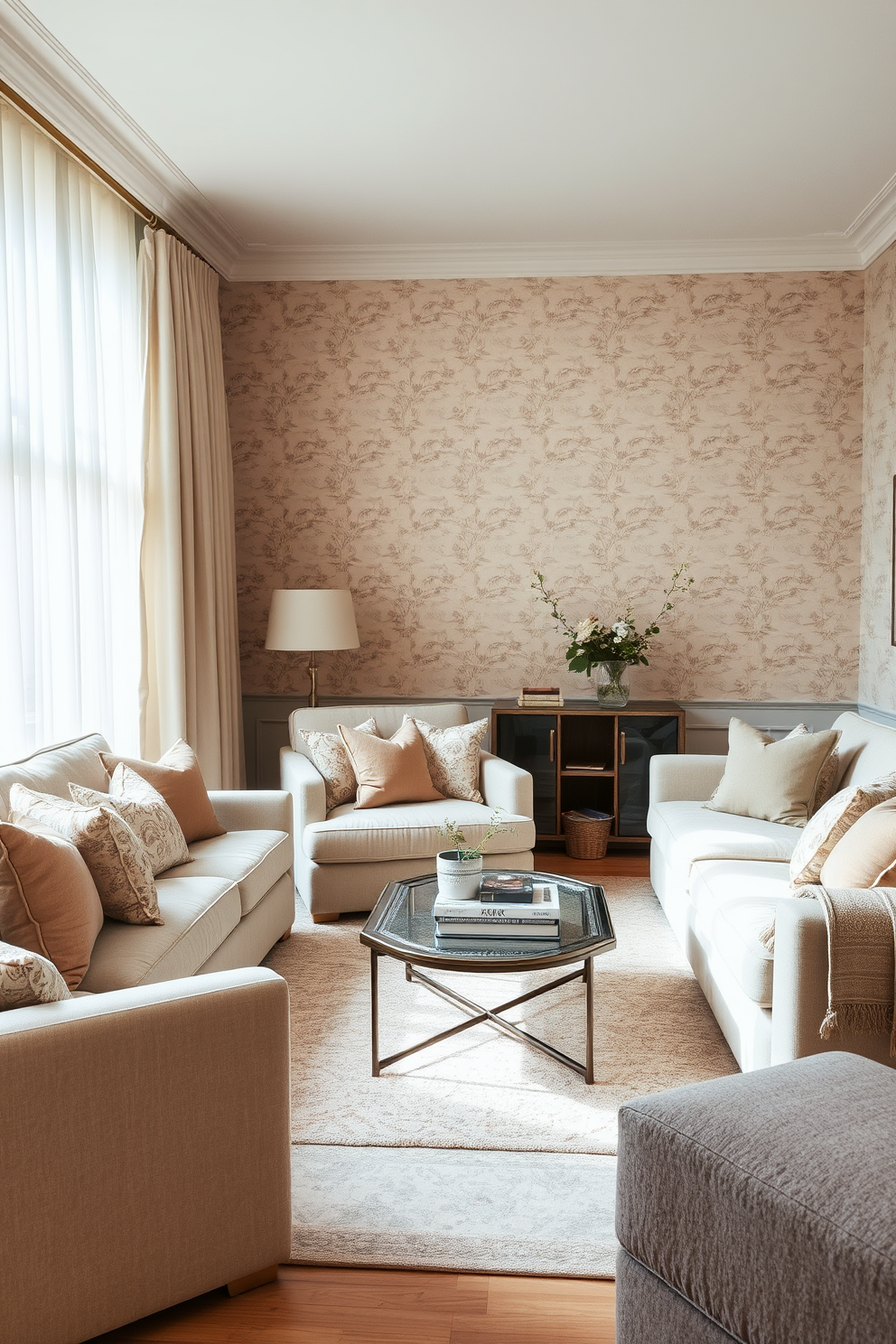 A cozy living room features soft muted wallpaper with delicate floral patterns that create a warm and inviting atmosphere. Plush furniture in neutral tones is arranged to encourage conversation, complemented by a soft area rug underfoot. Natural light filters through sheer curtains, highlighting the subtle textures of the wallpaper. A collection of decorative cushions adds a pop of color, while a stylish coffee table anchors the space, adorned with books and a small plant.