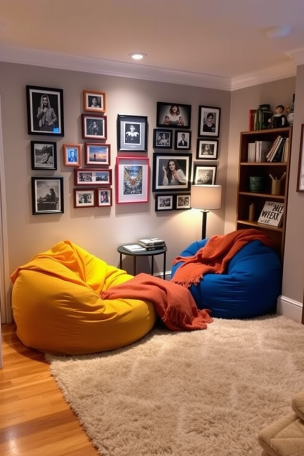 Create a cozy corner with colorful bean bags surrounded by soft, ambient lighting. Incorporate a small side table with a stack of books and a warm throw blanket draped over one of the bean bags. The walls should feature a gallery of framed art and photographs to add personality. Use a plush area rug to define the space and bring warmth to the hardwood floor.