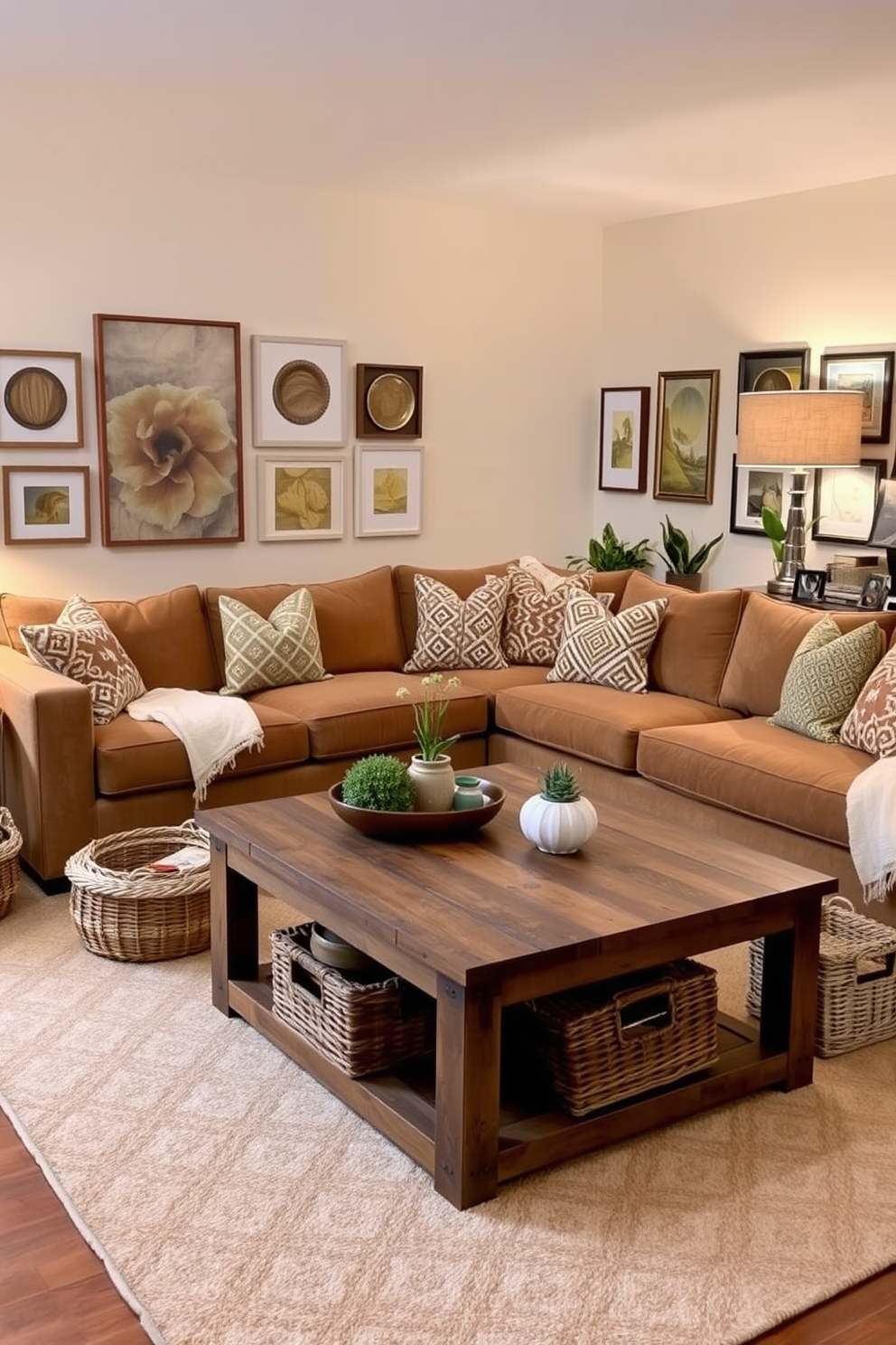 A cozy living room features a plush sectional sofa adorned with a mix of patterned throw pillows in warm tones. A soft area rug with a geometric design anchors the space, while a wooden coffee table with a rustic finish sits in the center, surrounded by woven baskets for storage. The walls are painted in a soft cream color, complemented by a gallery of framed artwork showcasing various textures. A floor lamp with a fabric shade provides warm lighting, and a few potted plants add a touch of greenery to the inviting atmosphere.