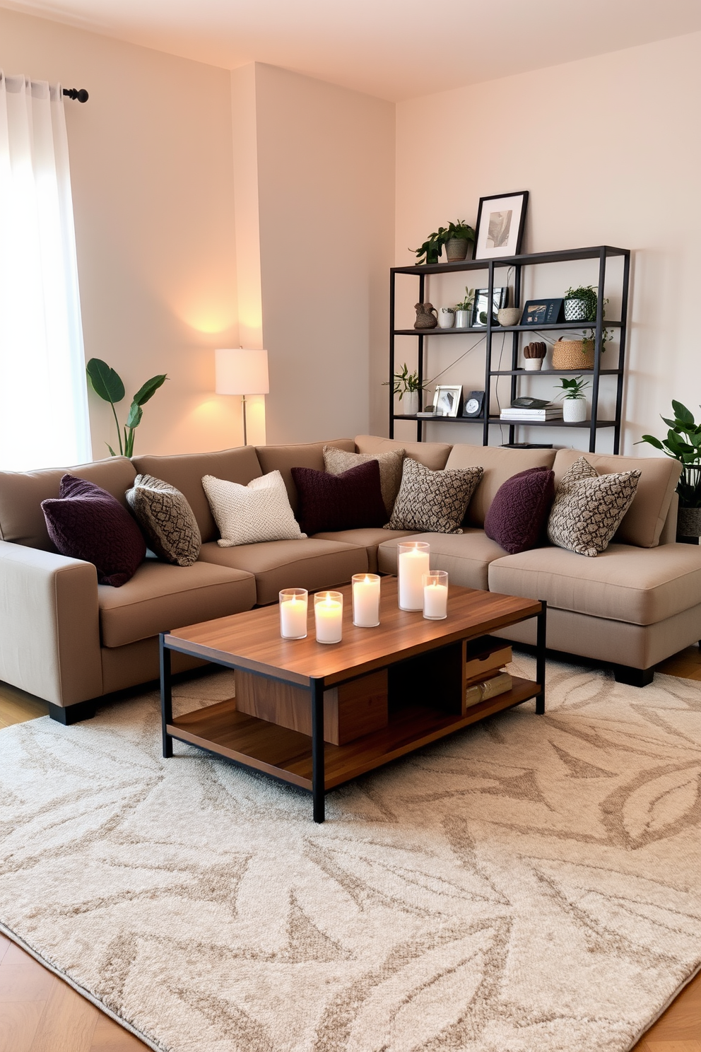 A cozy living room design featuring a plush sectional sofa adorned with textured throw pillows. Soft, warm lighting is provided by strategically placed candles on a wooden coffee table and shelves, creating an inviting atmosphere. The walls are painted in a soft beige, complemented by a large area rug in neutral tones. A mix of indoor plants adds a touch of greenery, while a stylish bookshelf showcases curated decor and personal items.