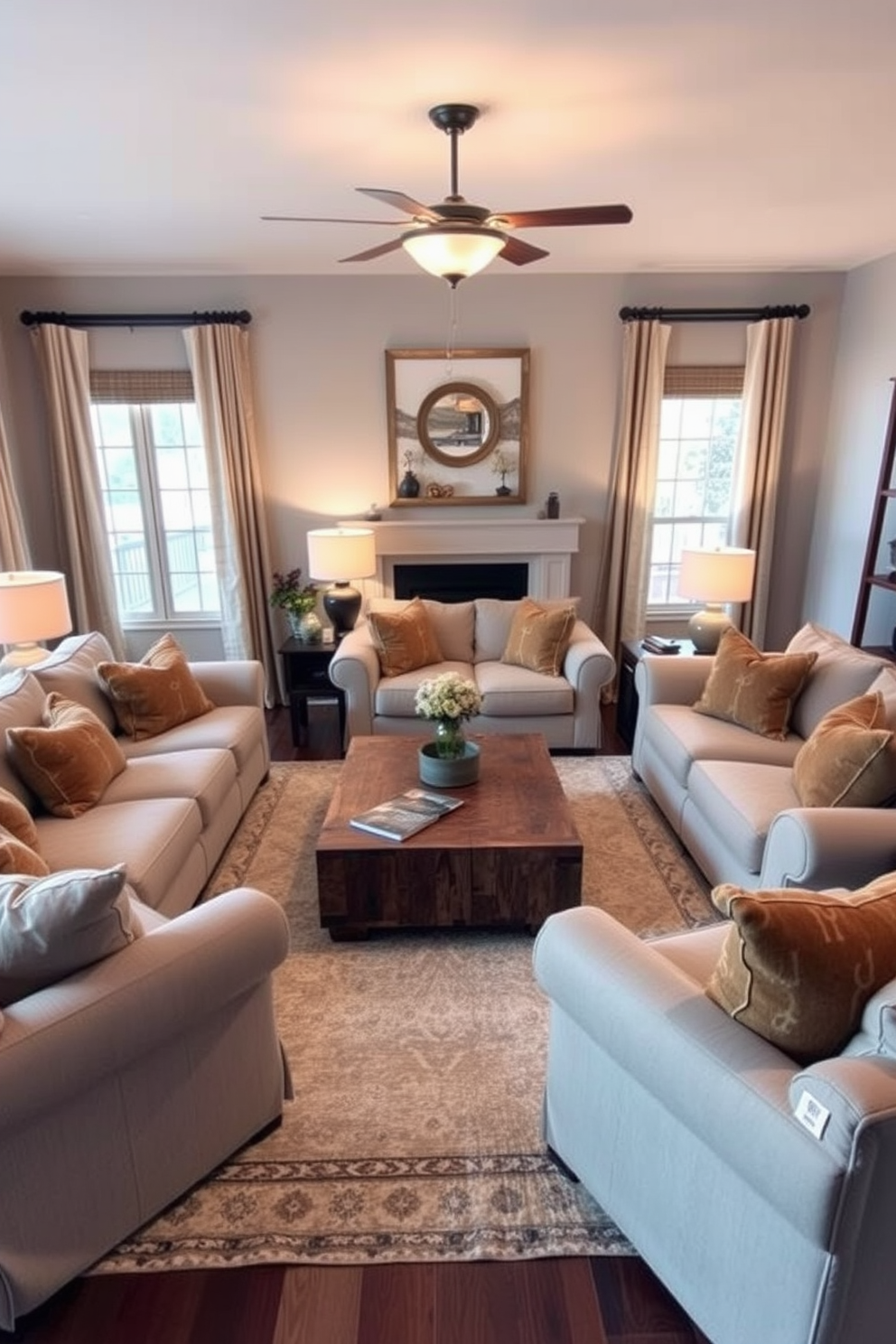 A cozy living room features an oversized plush sofa adorned with soft throw pillows in warm tones. A large area rug anchors the seating arrangement, while a stylish coffee table sits in front, perfect for drinks and books.