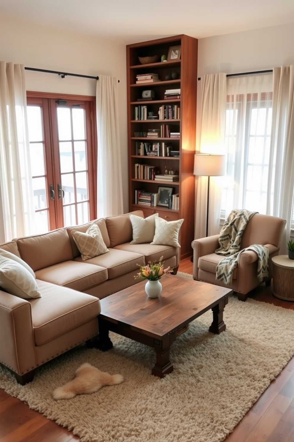 Cozy living room featuring a soft sectional sofa in a warm beige color positioned around a rustic wooden coffee table. A plush area rug anchors the space, and a tall bookshelf filled with books and decorative items lines one wall, creating a welcoming atmosphere. In the corner, a comfortable armchair with a patterned throw blanket invites relaxation, while a floor lamp provides soft lighting for reading. Large windows dressed with sheer curtains allow natural light to fill the room, enhancing the cozy vibe.