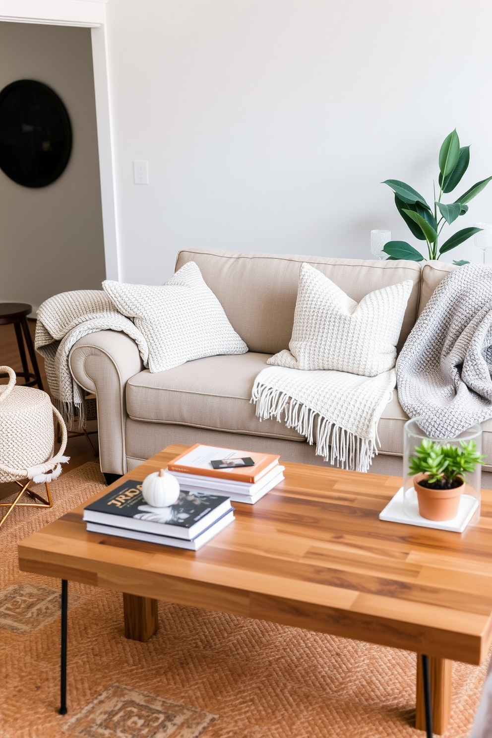 A cozy living room featuring a plush sofa adorned with textured throw blankets in soft neutral tones. A warm area rug anchors the space, complemented by a wooden coffee table adorned with decorative books and a small potted plant.