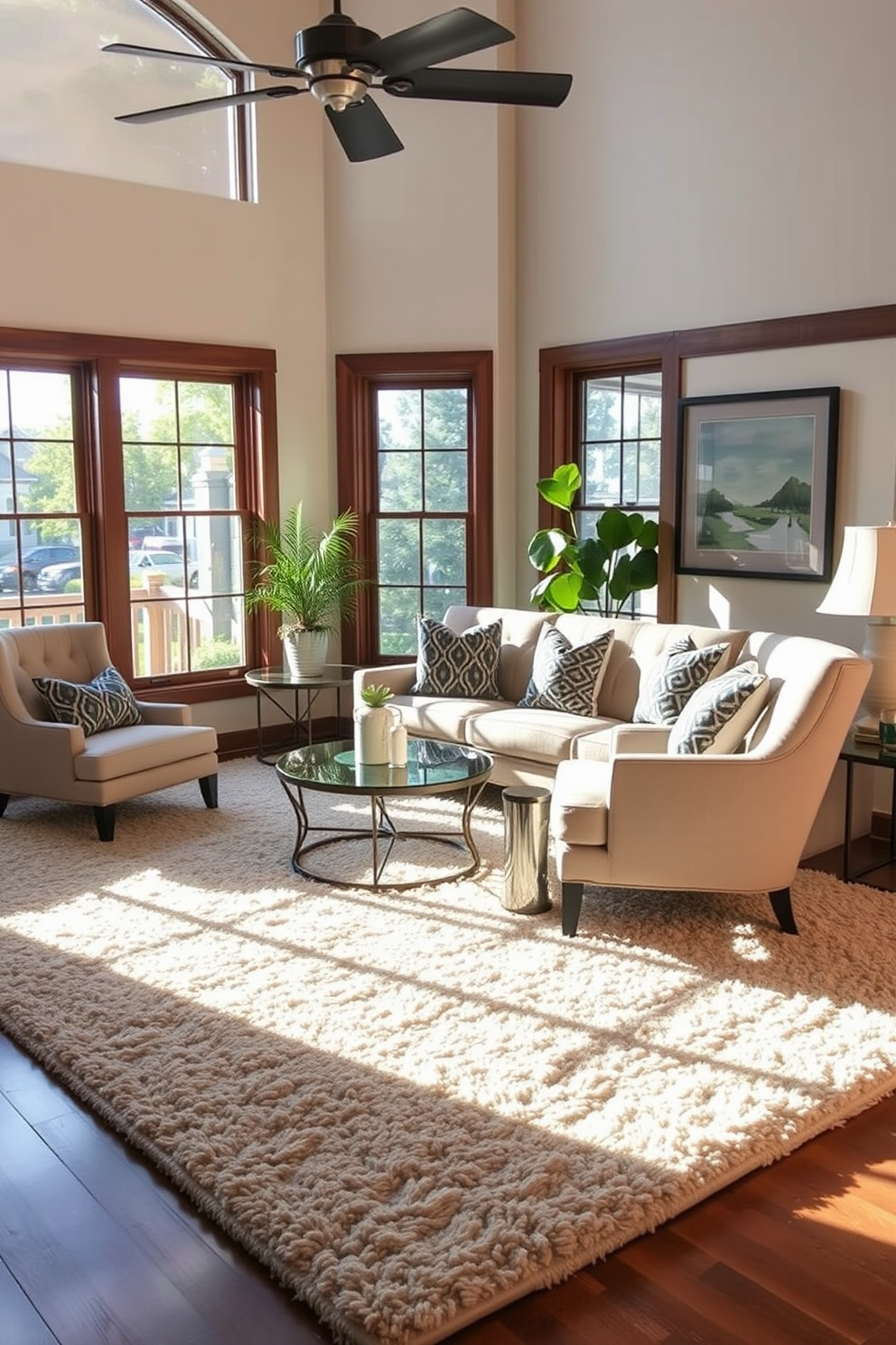 Cozy living room featuring a plush area rug that anchors the seating arrangement. The rug is layered over hardwood floors, creating a warm and inviting atmosphere. A comfortable sectional sofa is positioned around a rustic coffee table, with soft throw pillows adding texture. Warm lighting from stylish floor lamps enhances the cozy ambiance of the space.