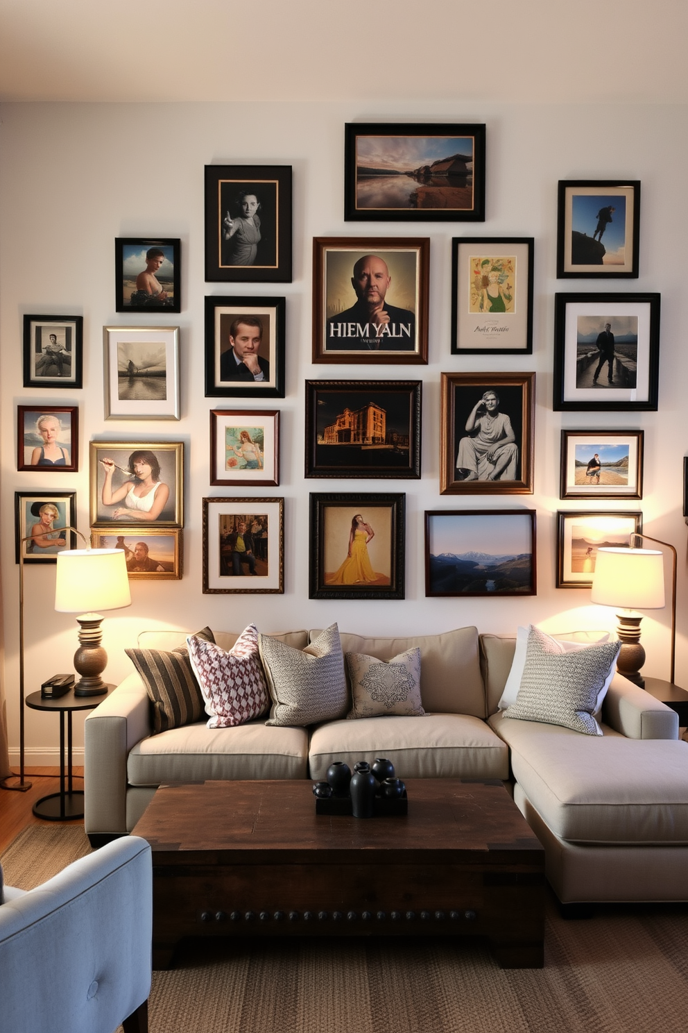 A gallery wall showcases an eclectic mix of personal art pieces framed in various styles. The wall is painted a soft white to enhance the vibrancy of the artwork, creating a focal point in the room. The cozy living room features a plush sectional sofa adorned with textured throw pillows. A rustic coffee table sits in the center, surrounded by warm lighting from stylish floor lamps.