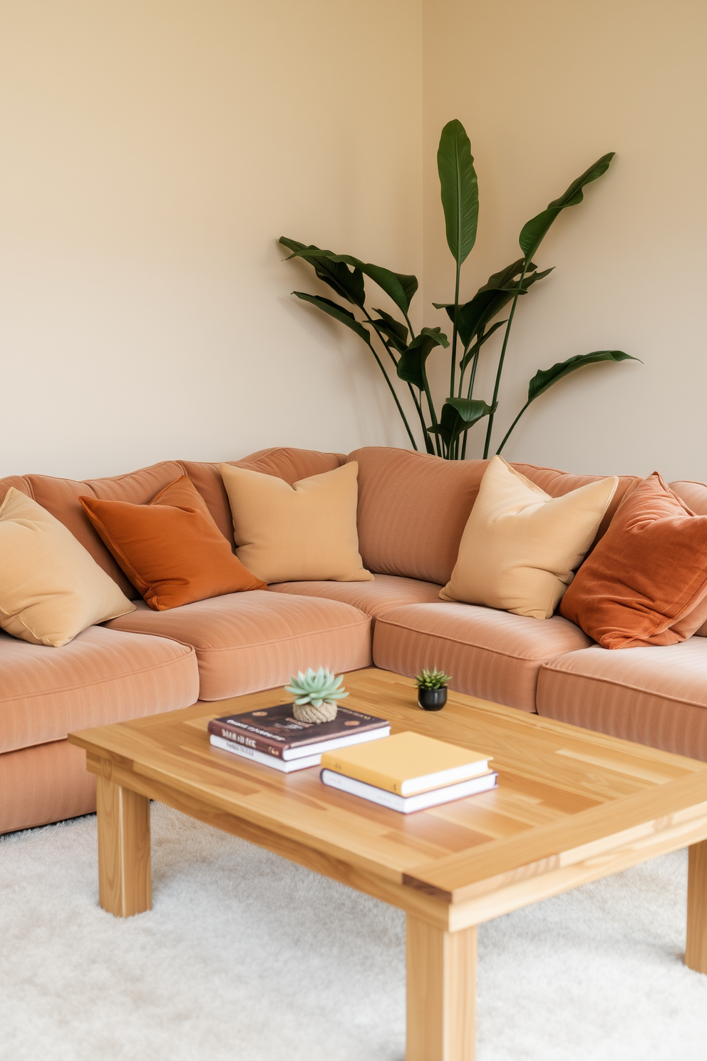 A cozy living room features a plush sectional sofa adorned with soft throw pillows in warm tones. A large potted plant sits in the corner, adding a touch of greenery and freshness to the space. The walls are painted in a soft beige, creating a warm and inviting atmosphere. A wooden coffee table with a natural finish is placed in front of the sofa, topped with a few decorative books and a small succulent.