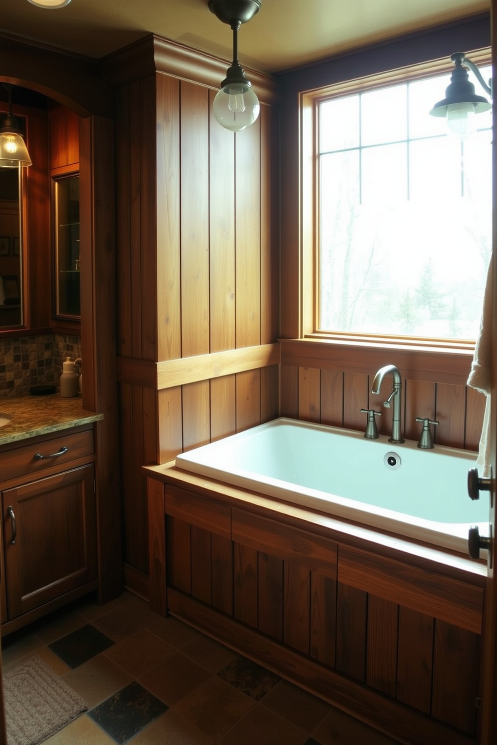 A cozy Craftsman bathroom featuring warm wood tones and natural finishes. The wooden cabinetry showcases intricate craftsmanship, with a large soaking tub nestled beneath a window that frames a serene outdoor view. Rich earth tones dominate the space, complemented by stone accents and handcrafted tiles. Soft lighting from vintage-style fixtures casts a warm glow, enhancing the inviting atmosphere of this tranquil retreat.