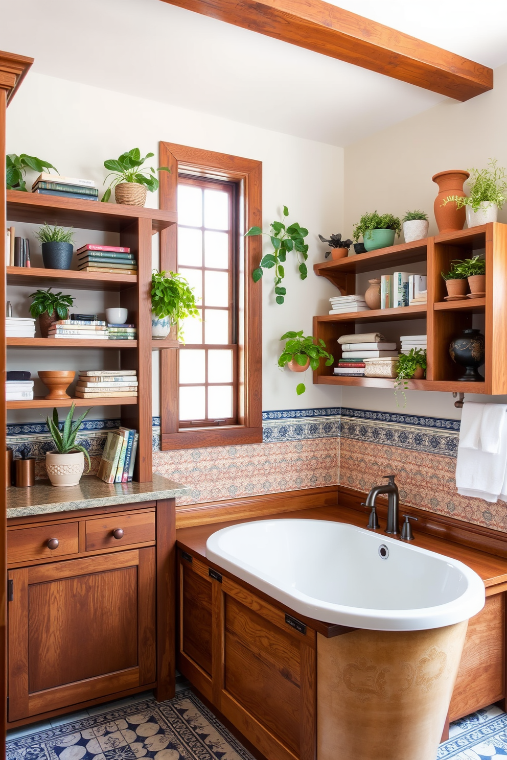 Custom built-ins designed to maximize space efficiency. The cabinetry features rich wood tones and intricate detailing, seamlessly integrating storage solutions into the bathroom's overall aesthetic. A Craftsman bathroom with a warm and inviting atmosphere. The space includes a freestanding soaking tub, surrounded by natural stone tiles and complemented by rustic fixtures.