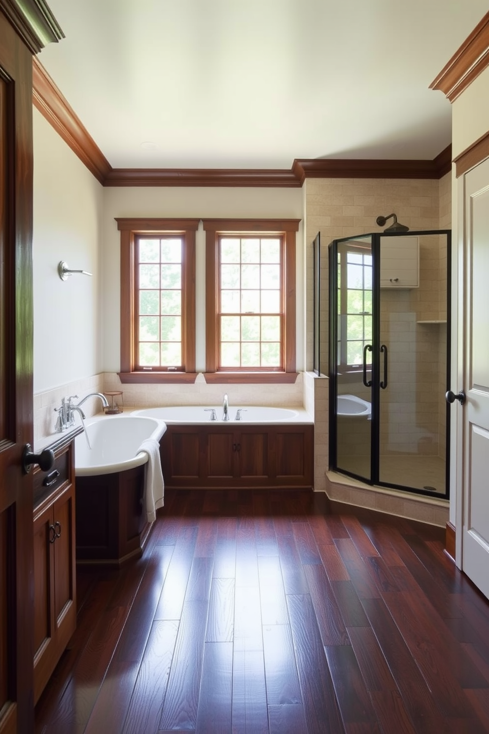 A Craftsman bathroom with dark hardwood floors that add warmth to the space. The room features a large soaking tub with a wooden surround and a separate walk-in shower with glass doors.