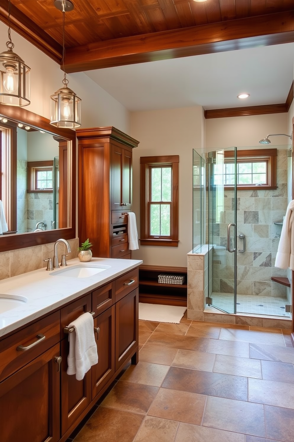 A Craftsman bathroom featuring brushed nickel fixtures that add a modern touch to the overall design. The space includes a large soaking tub with a wooden surround and a separate walk-in shower with glass doors. Rich wood cabinetry complements the earthy tones of the tile flooring, creating a warm and inviting atmosphere. A double vanity with a quartz countertop provides ample space, while decorative pendant lights hang above for added elegance.