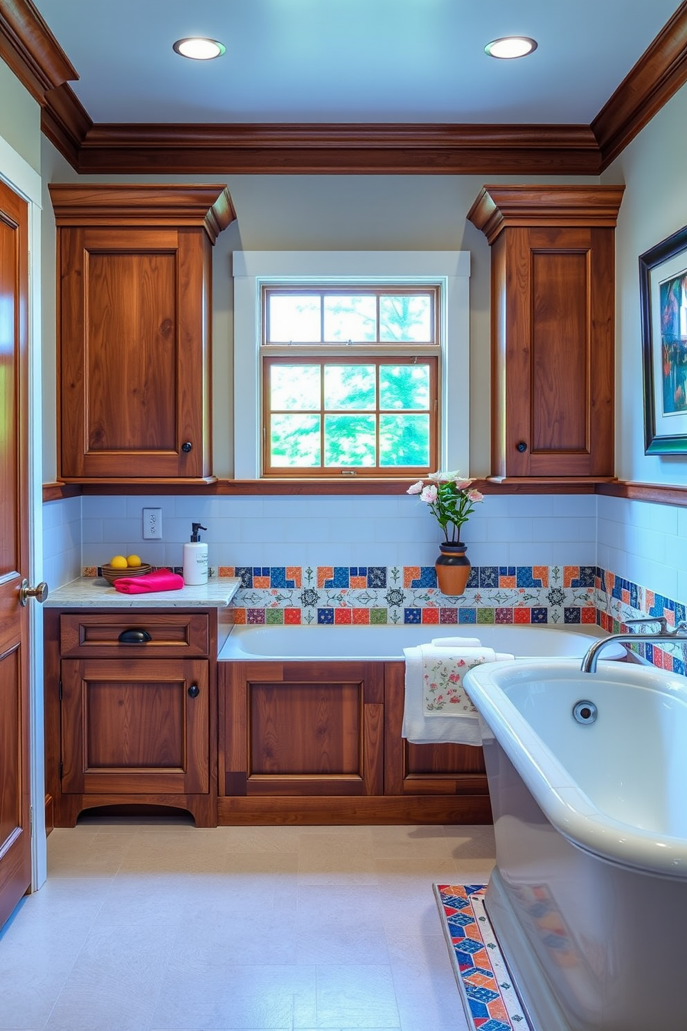 A Craftsman bathroom featuring a neutral color palette complemented by pops of vibrant colors. The space includes handcrafted wooden cabinetry with intricate detailing, and a large soaking tub surrounded by colorful tiles.