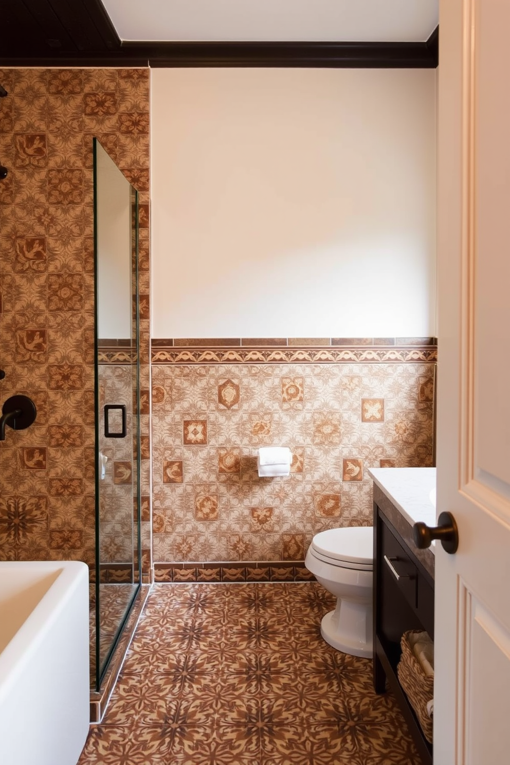 A craftsman bathroom design featuring handmade ceramic tiles that add a unique touch to the space. The tiles showcase intricate patterns in earthy tones, enhancing the warmth and character of the room.