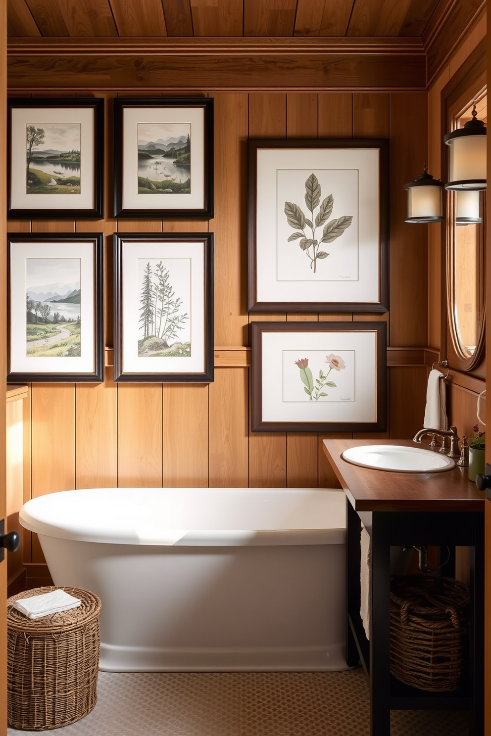 A Craftsman bathroom design featuring framed artwork that showcases nature themes. The walls are adorned with wooden paneling, and the artwork includes serene landscapes and botanical prints in earthy tones.