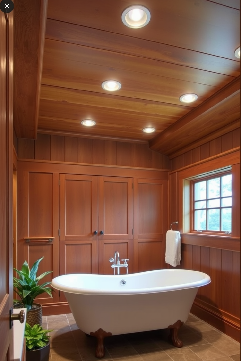 A craftsman bathroom features decorative tile accents in the shower area that complement the warm wood tones of the cabinetry. The walls are adorned with intricate tile patterns that enhance the rustic charm and create a cozy atmosphere.