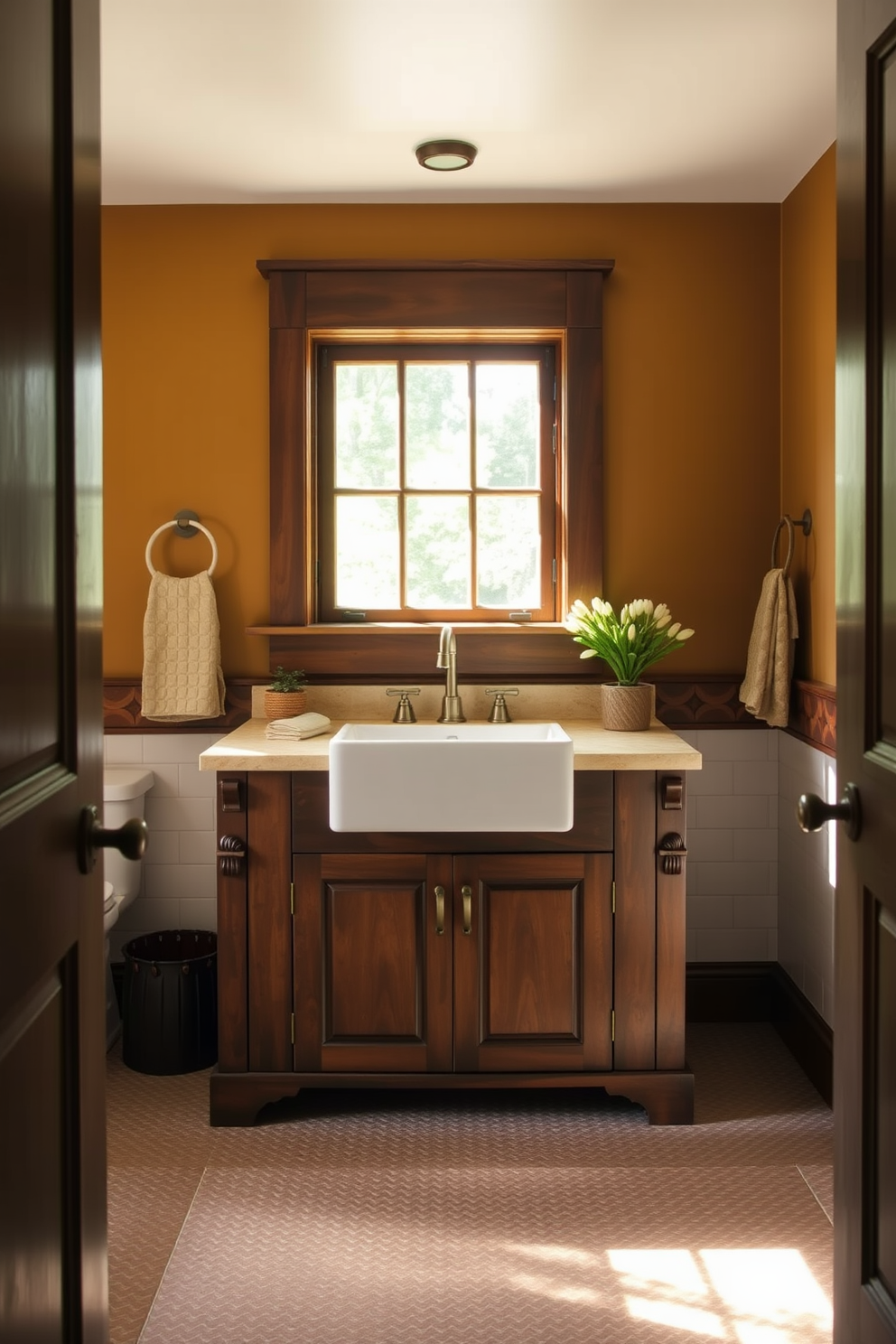 A freestanding vanity with a farmhouse sink serves as the centerpiece of this Craftsman bathroom. The vanity features rich wood tones and intricate detailing, complemented by a brushed nickel faucet and an elegant backsplash. The walls are adorned with warm earth tones, creating a cozy atmosphere. Natural light pours in through a vintage-style window, illuminating the space and highlighting the textured tile flooring.