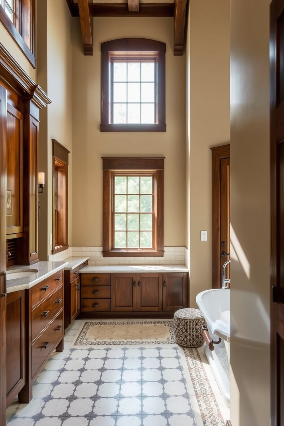 A Craftsman bathroom filled with natural light streaming through large windows. The space features a deep soaking tub surrounded by rich wooden paneling and intricate tile work.