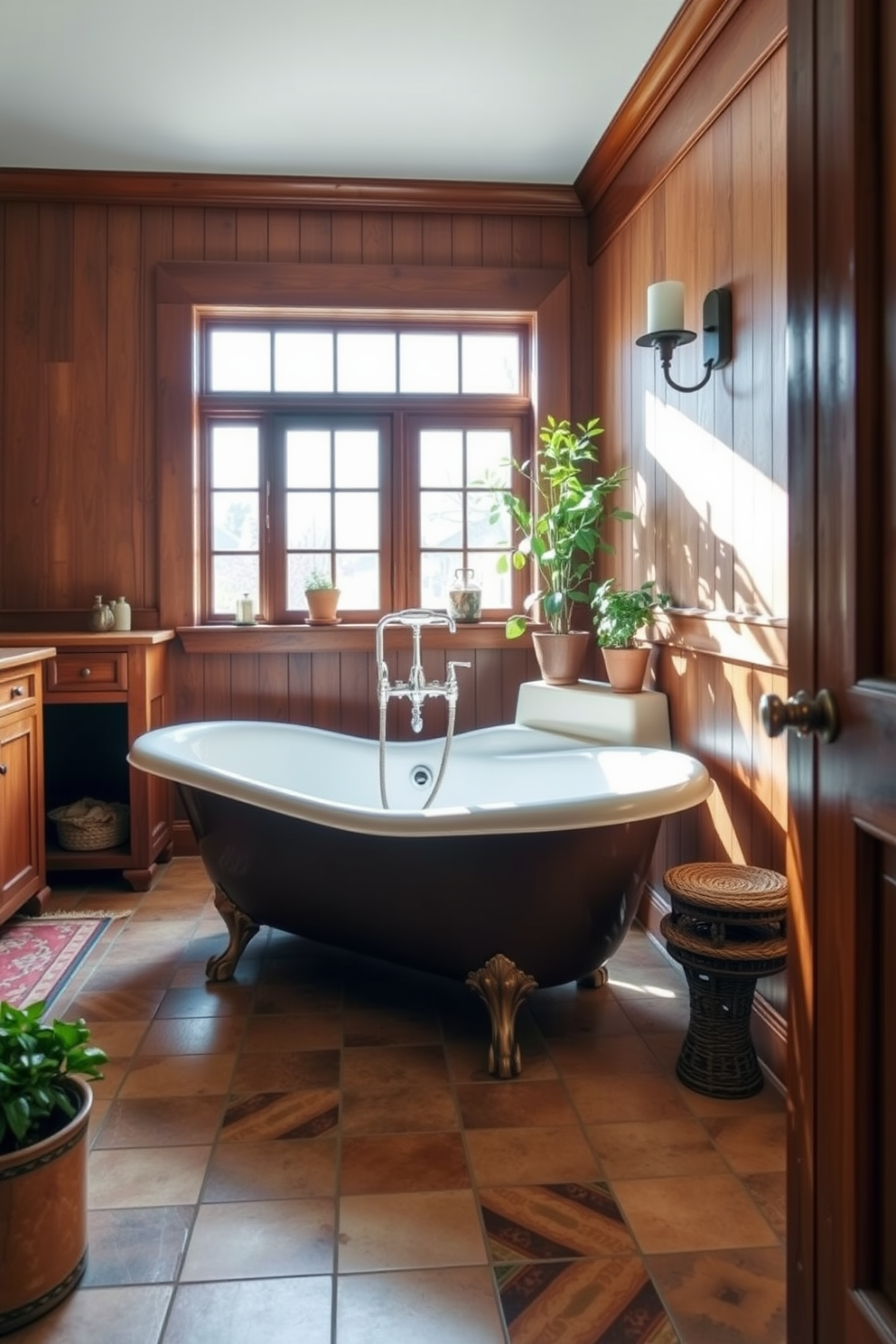 A vintage clawfoot tub takes center stage in a Craftsman bathroom, showcasing its elegant curves and classic charm. Surrounding the tub are warm wooden accents, including a handcrafted vanity with a rich finish and intricate detailing. Natural light floods the space through a large window, highlighting the earthy tones of the tiled floor and the rich hues of the wooden cabinetry. Decorative elements such as vintage-inspired fixtures and potted plants enhance the inviting atmosphere, creating a perfect blend of comfort and style.