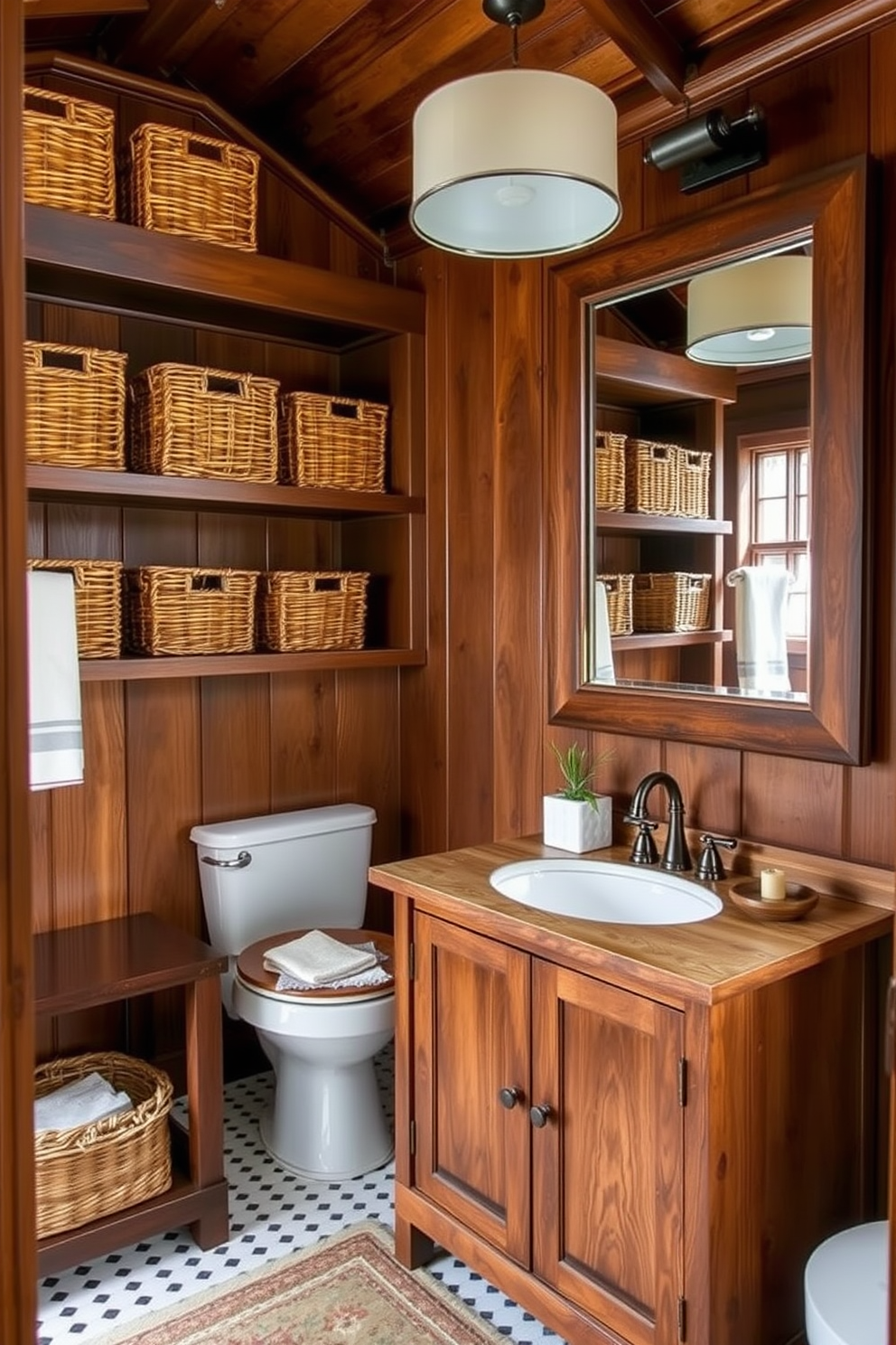 A cozy craftsman bathroom featuring woven baskets for organized storage. The baskets are neatly placed on open shelves, adding a touch of warmth and texture to the space. The walls are adorned with rich wood paneling, and a vintage-style clawfoot tub sits elegantly in the corner. A rustic wooden vanity complements the overall aesthetic, with a large mirror reflecting the inviting atmosphere.