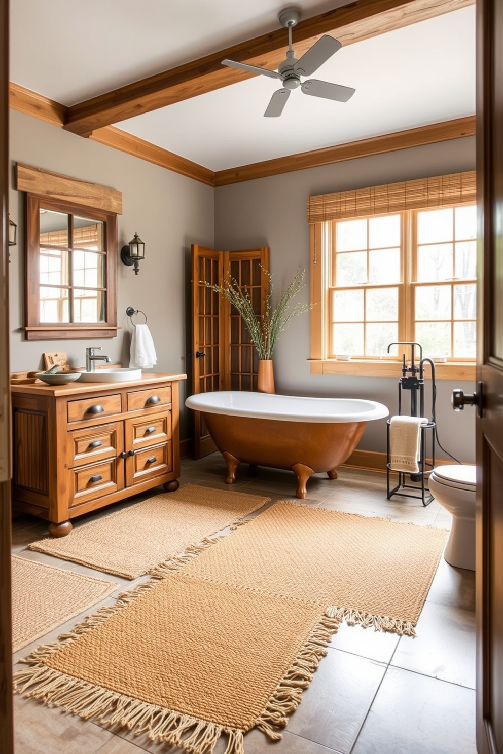 A cozy craftsman bathroom featuring natural fiber rugs that enhance warmth and comfort. The space includes a wooden vanity with intricate detailing, complemented by a freestanding bathtub and rustic fixtures.