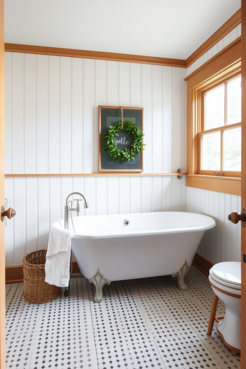 A Craftsman bathroom design featuring beadboard paneling that adds classic charm. The space includes a freestanding soaking tub with vintage-style fixtures and a large window that invites natural light.