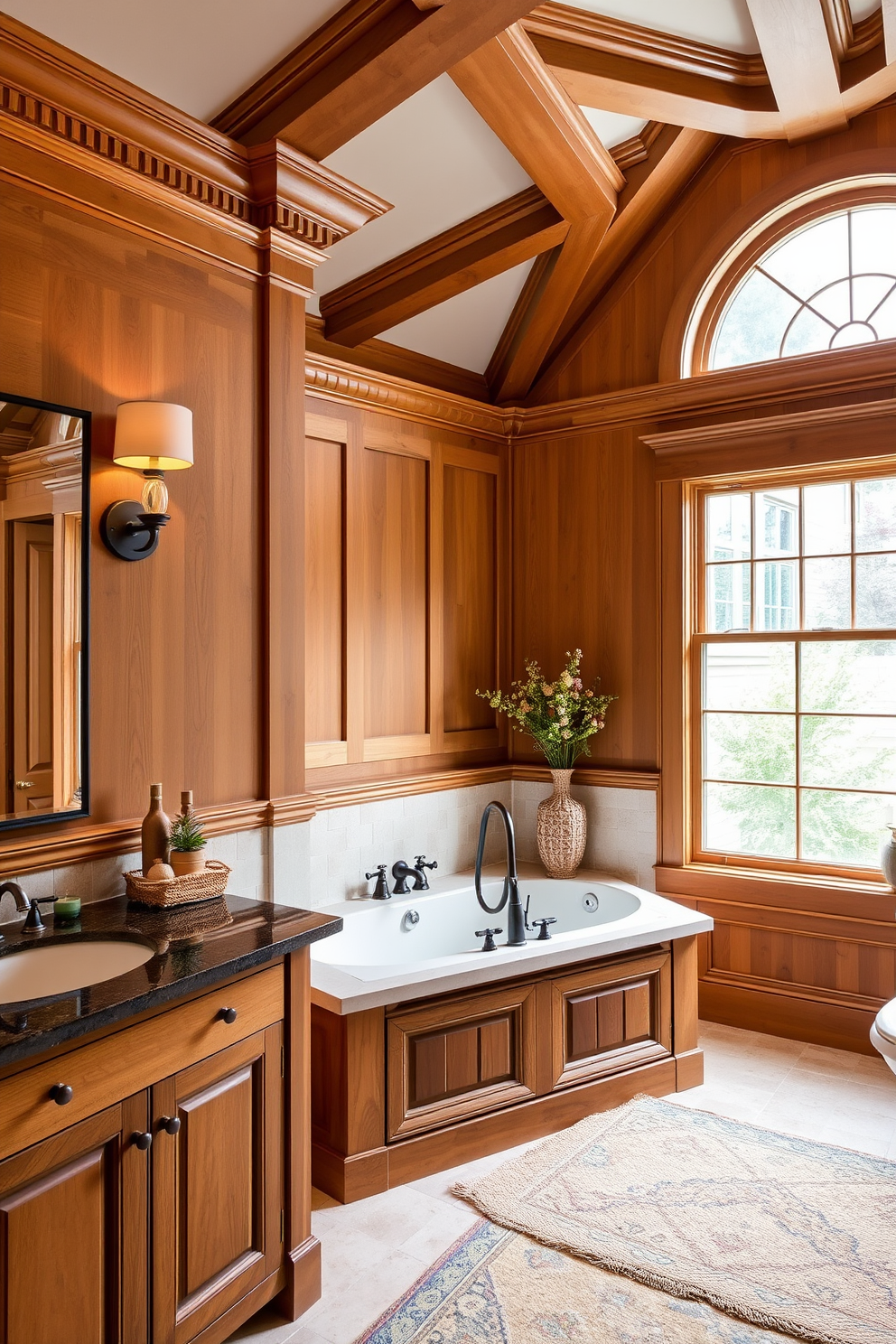 Rustic wood accents on cabinetry create a warm and inviting atmosphere in a Craftsman bathroom. The cabinetry features intricate wood grain patterns, complemented by a farmhouse sink and vintage-style fixtures.