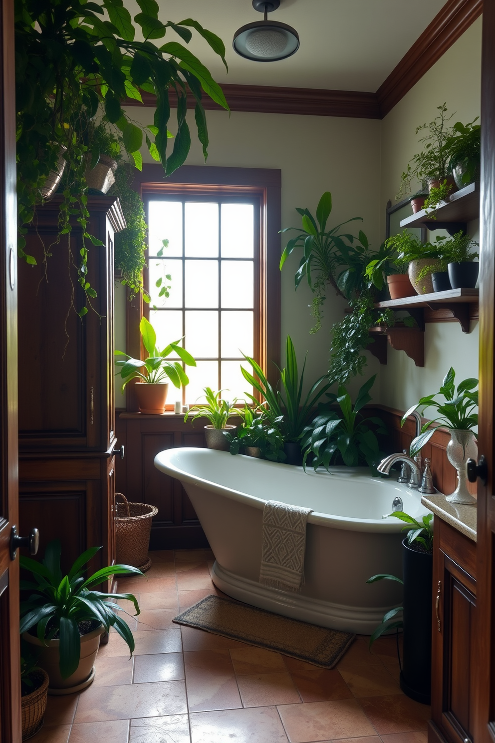 A cozy craftsman bathroom filled with indoor plants creating a fresh atmosphere. The space features rich wooden cabinetry with intricate details and a large soaking tub surrounded by lush greenery. Natural light pours in through a frosted window, illuminating the earthy tones of the tile flooring. Shelves adorned with various potted plants add a touch of life and tranquility to the room.