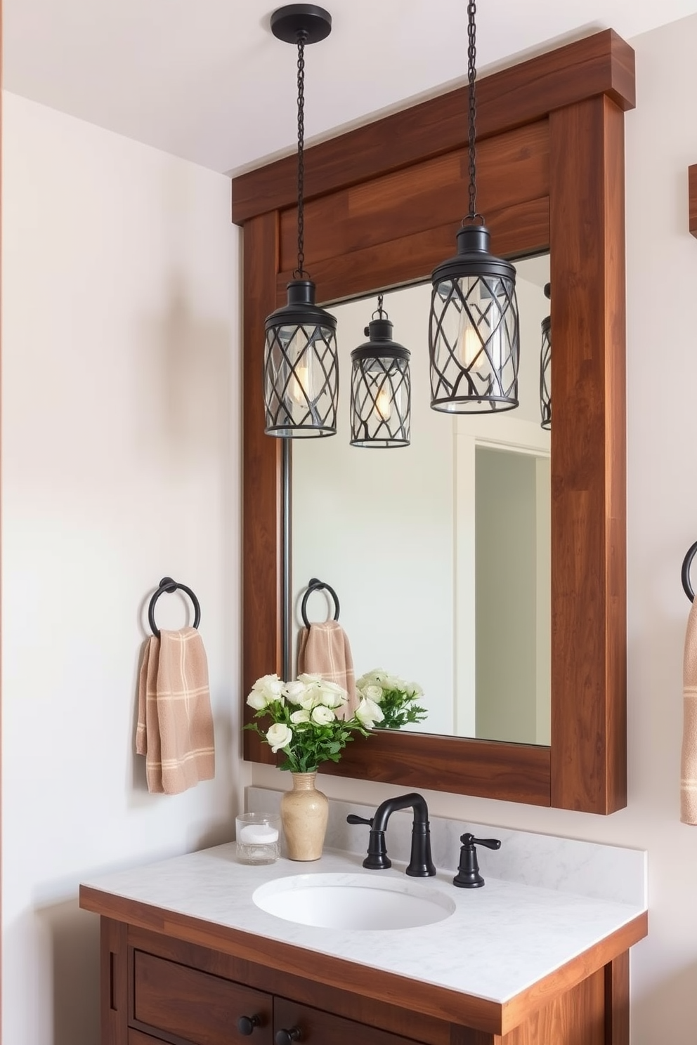 A cozy Craftsman bathroom featuring a neutral area rug that adds warmth and softness to the space. The room showcases rich wooden cabinetry and intricate tile work, creating a harmonious blend of comfort and style.