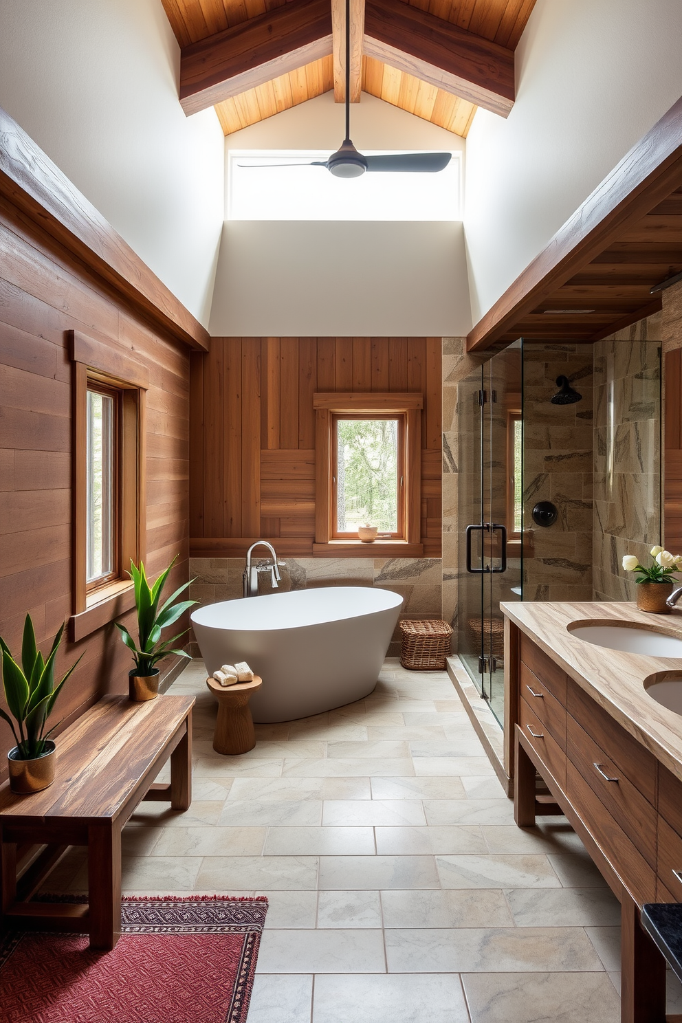 A cozy craftsman bathroom featuring potted plants strategically placed to bring a fresh touch to the space. The room includes rich wooden cabinetry with intricate detailing, complemented by a deep soaking tub surrounded by natural stone tiles. The walls are painted in a warm earthy tone, enhancing the craftsman aesthetic while providing a serene atmosphere. A large window allows natural light to flood the room, creating a bright and inviting environment for relaxation.