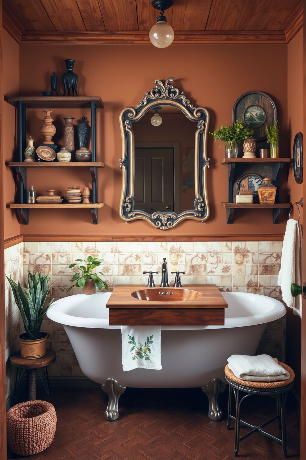 A cozy craftsman bathroom featuring natural wood elements and vintage accessories that evoke a sense of nostalgia. The space includes a clawfoot bathtub surrounded by rustic shelving adorned with antique decor and plants. The walls are painted in a warm earth tone, complemented by handcrafted tiles in a classic pattern. A vintage mirror with an ornate frame hangs above a wooden sink vanity, adding charm and character to the design.