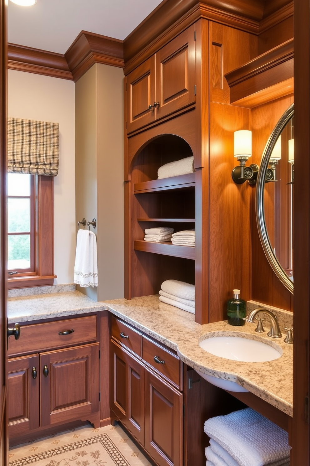 A cozy craftsman bathroom featuring natural wood finishes and built-in cabinetry. The space is illuminated by soft, warm lighting that creates a tranquil atmosphere. The focal point is a freestanding soaking tub surrounded by large windows that allow natural light to filter in. Earthy tones and textured tiles enhance the rustic charm of the design.