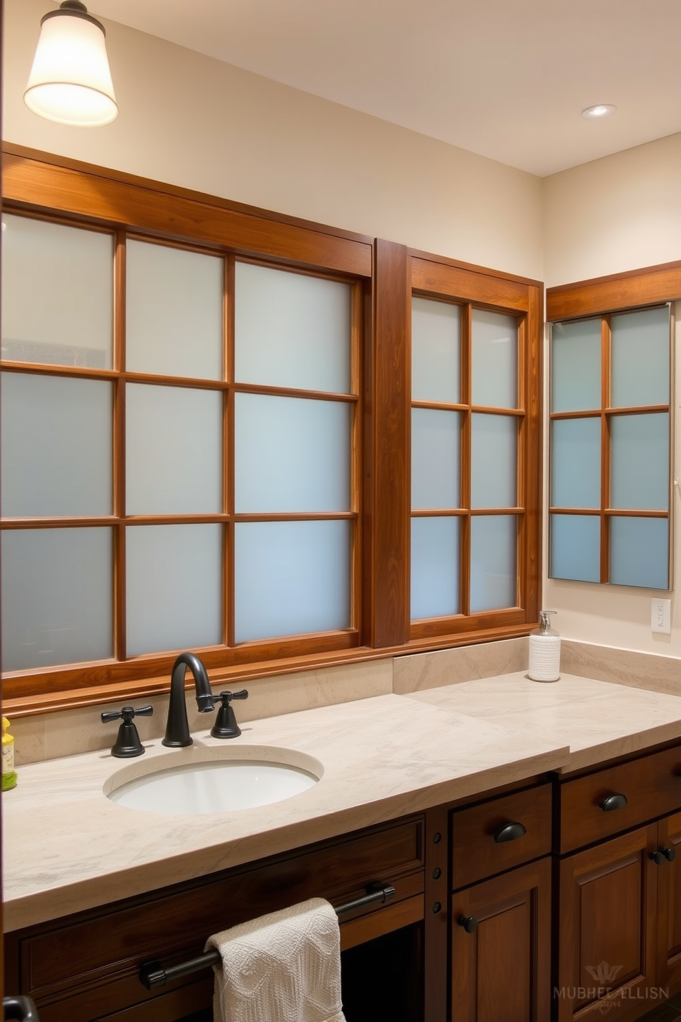 A Craftsman bathroom featuring frosted glass panels for privacy. The design includes a wooden vanity with a deep sink and natural stone countertops, complemented by handcrafted cabinetry and vintage fixtures.