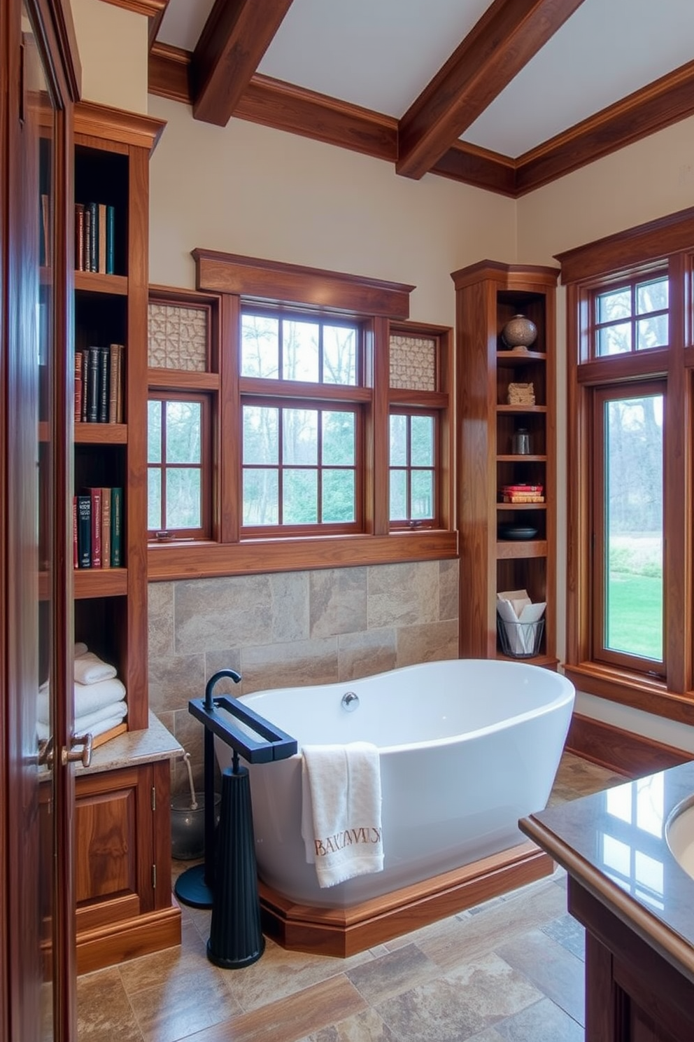 A vintage clawfoot tub serves as the stunning focal point of the bathroom, surrounded by elegant tile work that complements its classic design. The space features rich wood accents, including a handcrafted vanity with intricate details and a warm color palette that enhances the Craftsman aesthetic.