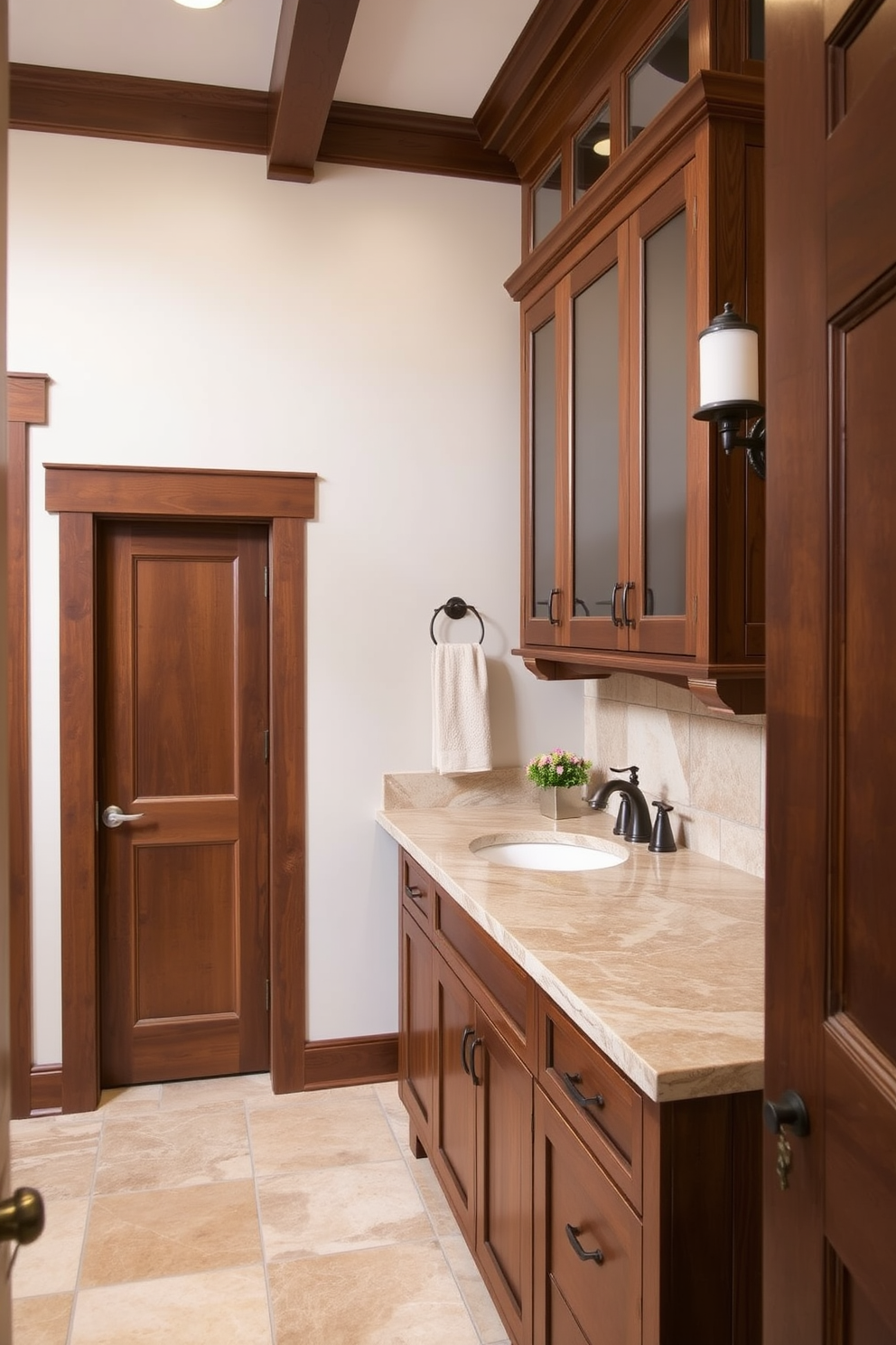 A Craftsman bathroom featuring natural stone countertops that provide both durability and elegance. The space showcases rich wood cabinetry, complemented by handcrafted details and traditional fixtures that enhance the overall aesthetic.