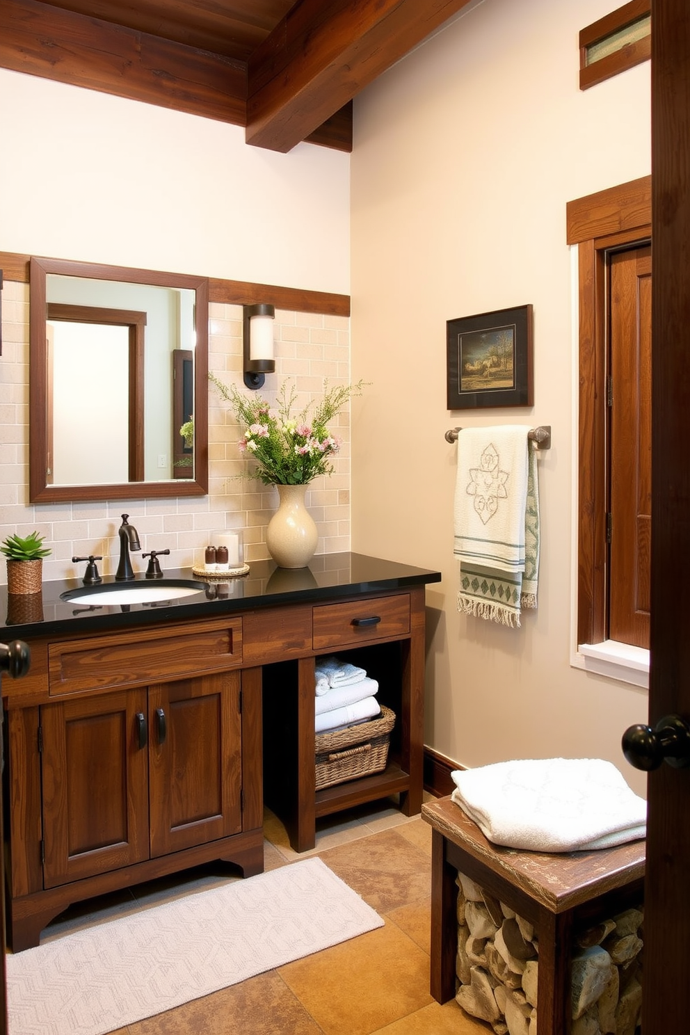 A cozy Craftsman bathroom features open shelving made of rich, dark wood providing easy access to neatly arranged towels and toiletries. The walls are adorned with classic beadboard paneling, and a vintage-style faucet complements the rustic charm of the space.