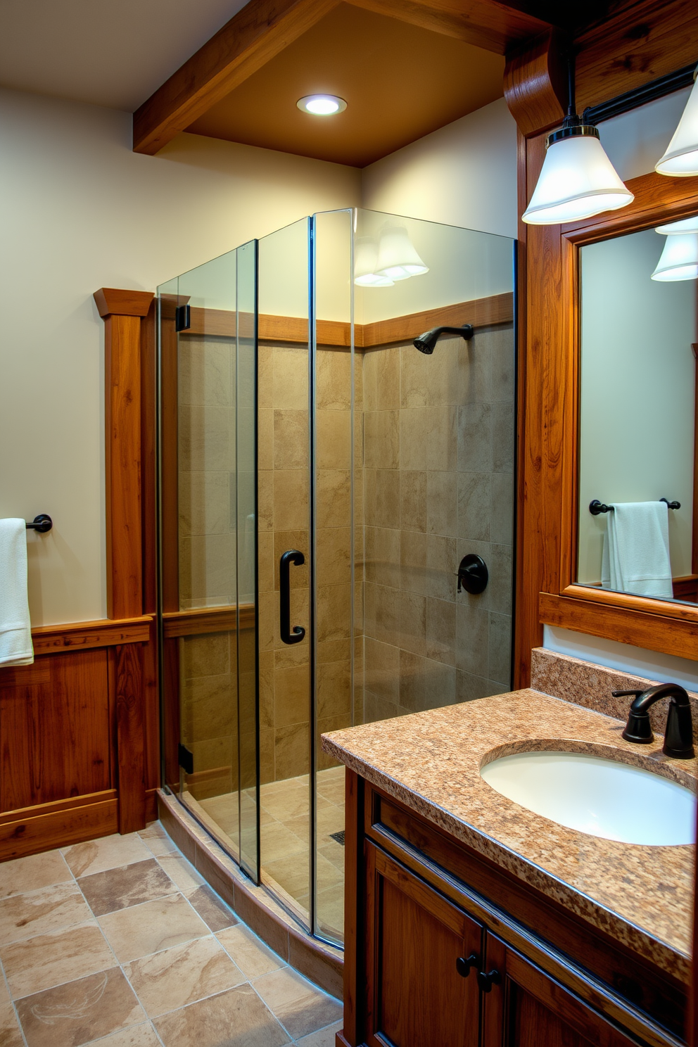 A glass shower enclosure is framed with rich wood accents, creating a warm and inviting atmosphere. The shower features a rainfall showerhead and elegant tile work that complements the overall Craftsman aesthetic. The vanity boasts a handcrafted wooden design with a polished stone countertop, offering ample space for personal items. Soft lighting illuminates the space, highlighting the intricate details of the cabinetry and the beautiful tile floor.