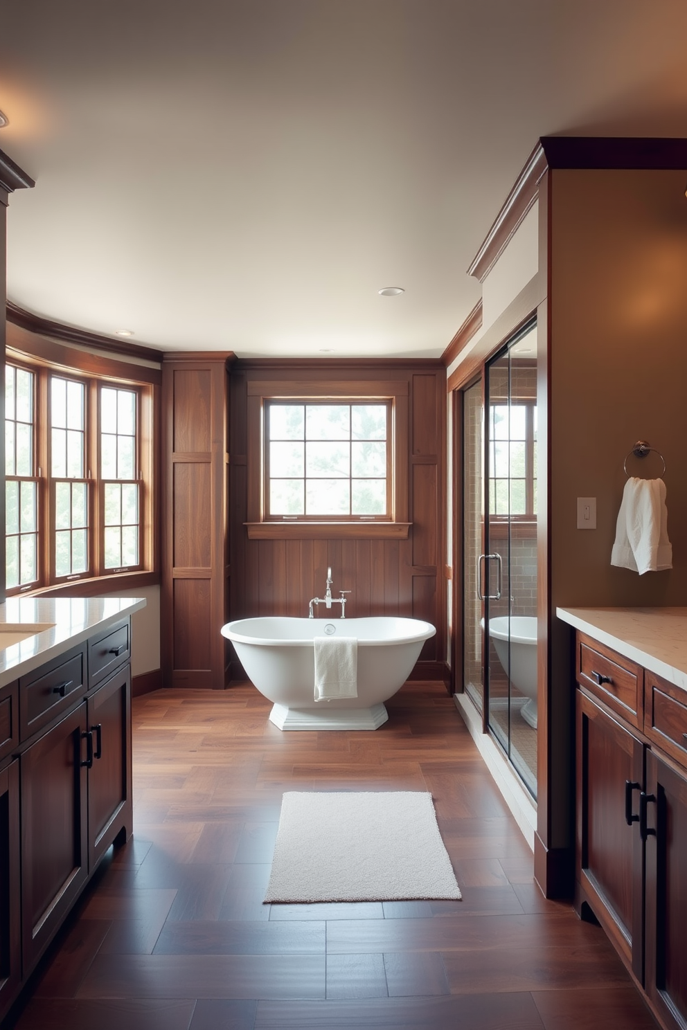 A Craftsman bathroom featuring beamed ceilings that add character and warmth to the space. The room showcases rich wood cabinetry with intricate detailing and a large soaking tub under a window framed by natural light.