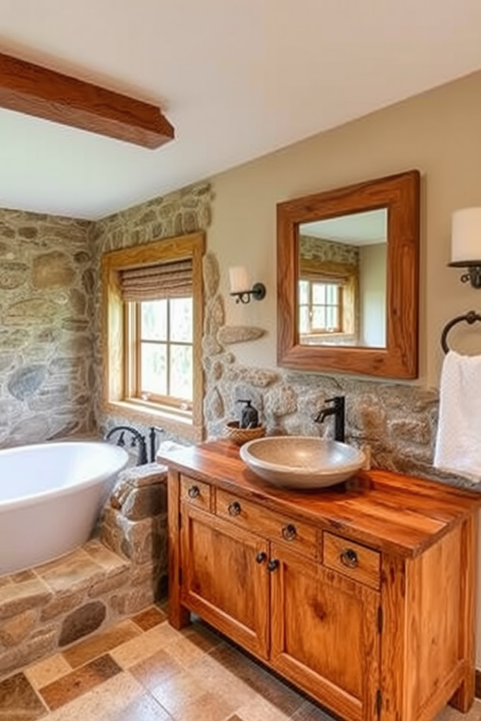 A cozy Craftsman bathroom featuring rustic stone accents that blend seamlessly with natural wood elements. The space includes a large freestanding soaking tub surrounded by stone walls, enhancing the organic atmosphere. A wooden vanity with a distressed finish holds a vessel sink made of natural stone. Above the vanity, a framed mirror with a rustic wood frame reflects the warm, earthy tones of the room.