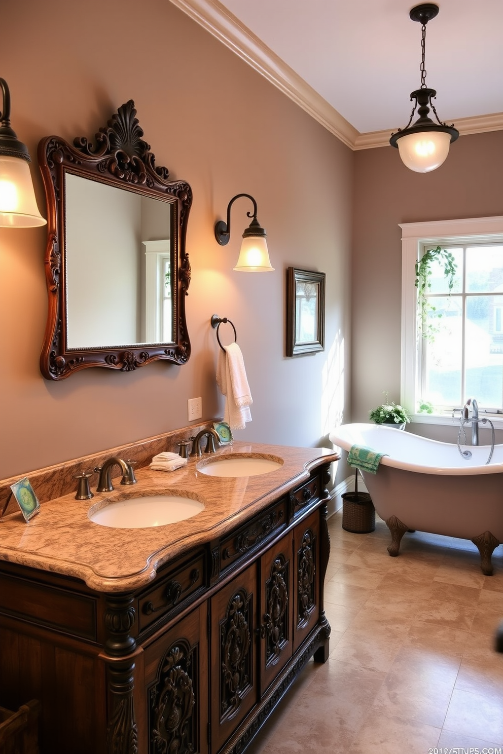 A double sink vanity made of rich mahogany wood features intricate carvings and a polished granite countertop. Above the vanity, two vintage mirrors with ornate frames reflect the warm glow of the pendant lighting. The walls are painted in a soft taupe, enhancing the rustic charm of the space. A beautiful clawfoot bathtub sits in the corner, surrounded by potted plants and natural light streaming through a frosted window.