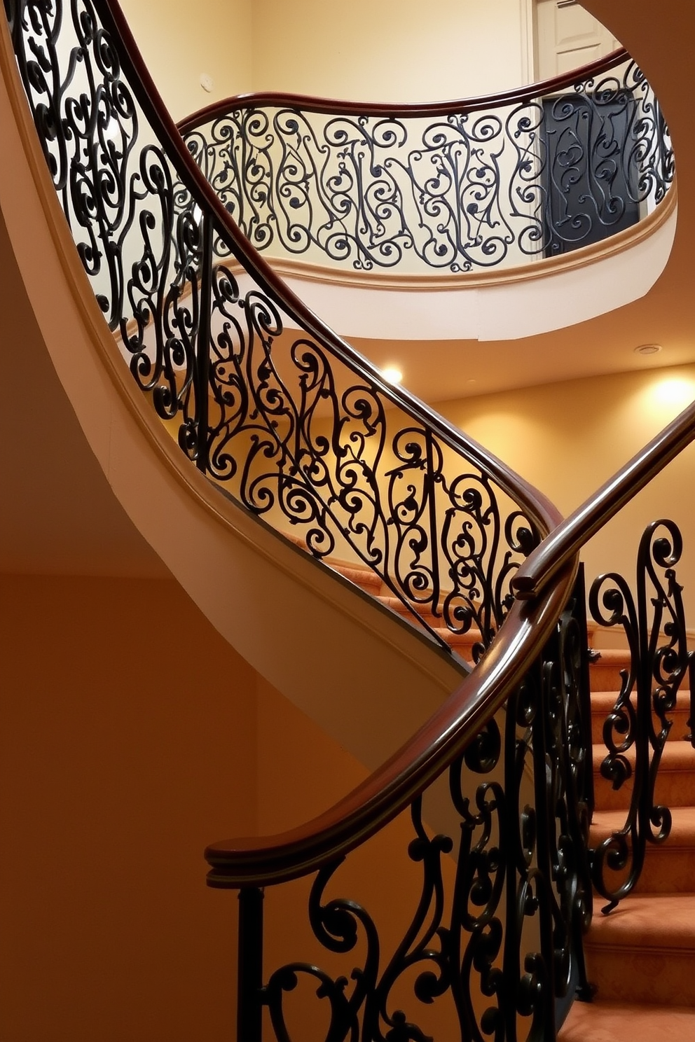 An elegant wood railing with glass panels gracefully surrounds a sweeping curved staircase. The staircase features rich wooden steps that blend seamlessly with the modern aesthetic of the glass, creating a stunning focal point in the entryway. The design incorporates soft lighting that highlights the curves of the staircase and enhances the beauty of the wood and glass combination. Lush greenery in decorative pots is strategically placed along the staircase to add a touch of nature and warmth to the space.