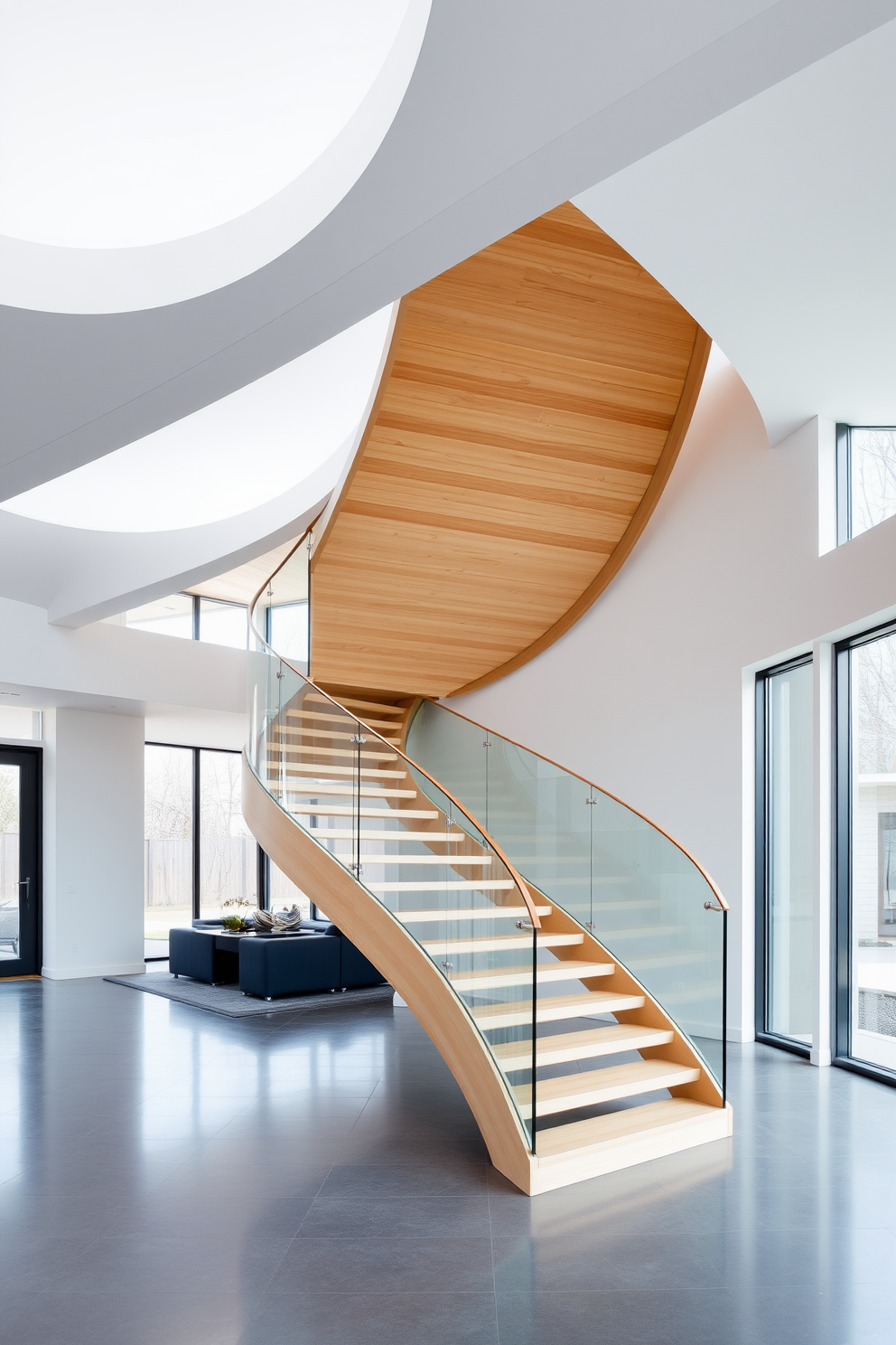 A minimalist design featuring sleek lines. The space is open and airy with large windows allowing natural light to flood in. The focal point is a stunning curved staircase that gracefully sweeps upward. It is constructed of light wood with a glass railing that adds a touch of elegance.