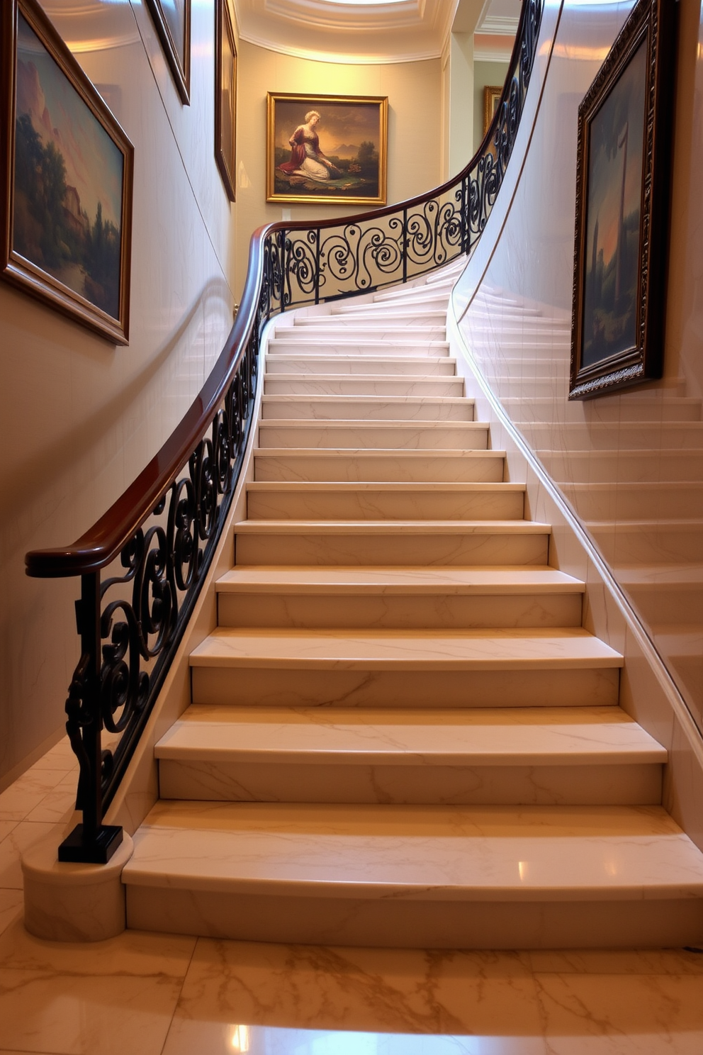 Luxurious marble steps lead gracefully up to the next level, each step polished to a high sheen that reflects the ambient light. The surrounding walls are adorned with elegant artwork, enhancing the opulence of the staircase. The curved staircase features a smooth, flowing design that invites movement, with a wrought iron railing adding a touch of sophistication. Soft, warm lighting illuminates the path, creating an inviting atmosphere that complements the luxurious materials used throughout.