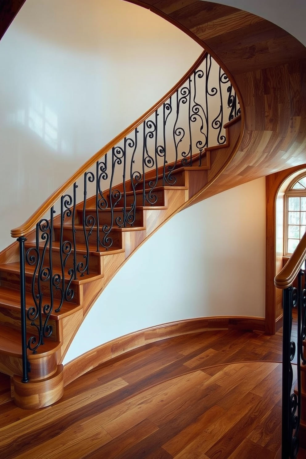 A rustic charm is created with reclaimed wood stairs that showcase natural textures and warm tones. The staircase features a gentle curve, inviting a sense of flow and elegance throughout the space. Curved staircase design ideas incorporate organic shapes that enhance the overall aesthetic of the interior. The wooden steps are complemented by wrought iron railings, adding a touch of artistry and sophistication.